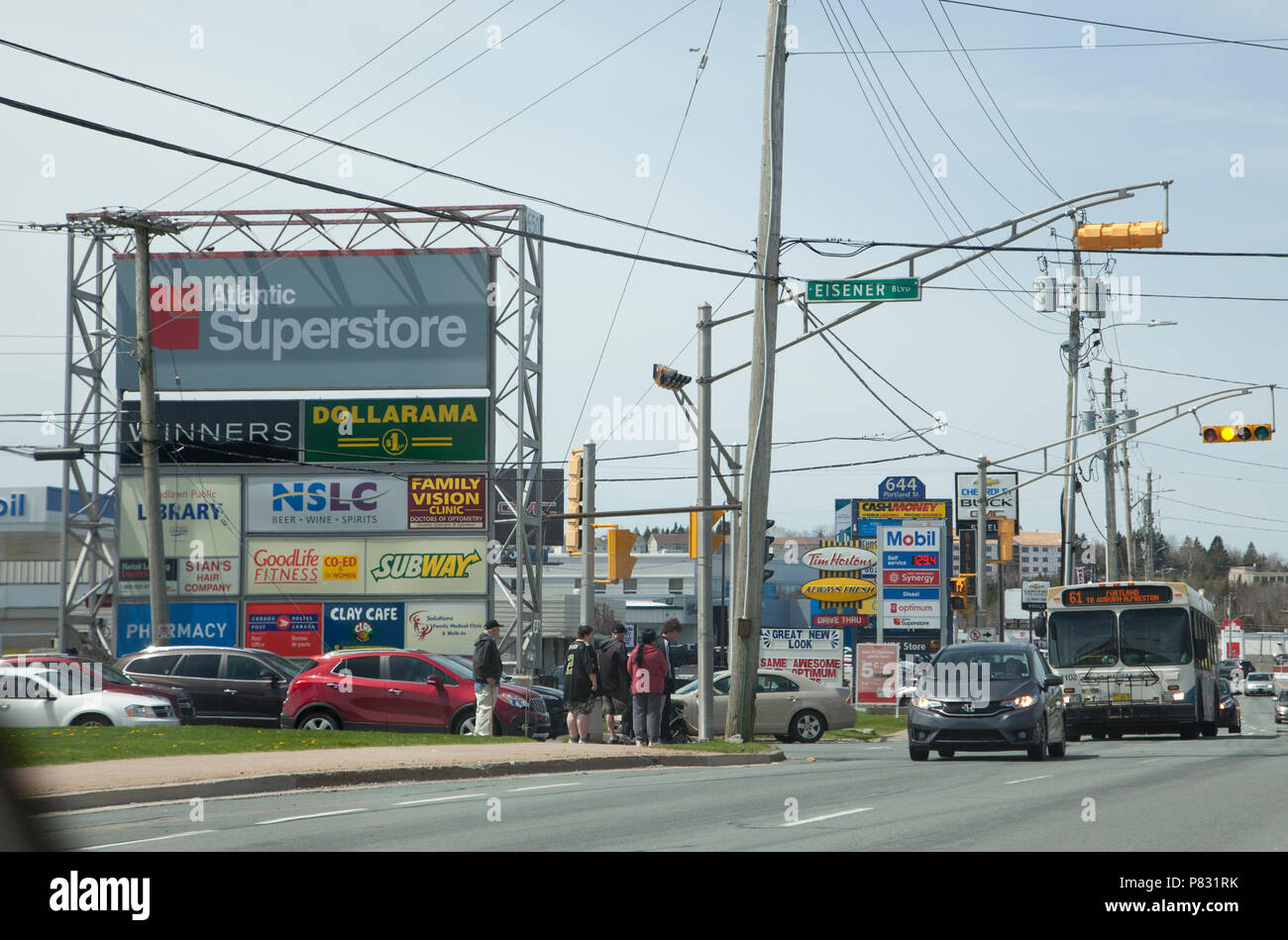 May 12, 2018 - Dartmouth, Nova Scotia: The busy intersection of Portland Street and Eisener, with stores and restaurants Stock Photo