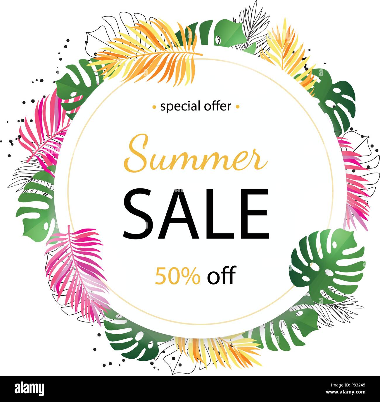 Summer sale background with tropical palm leaves and plumeria flower ...