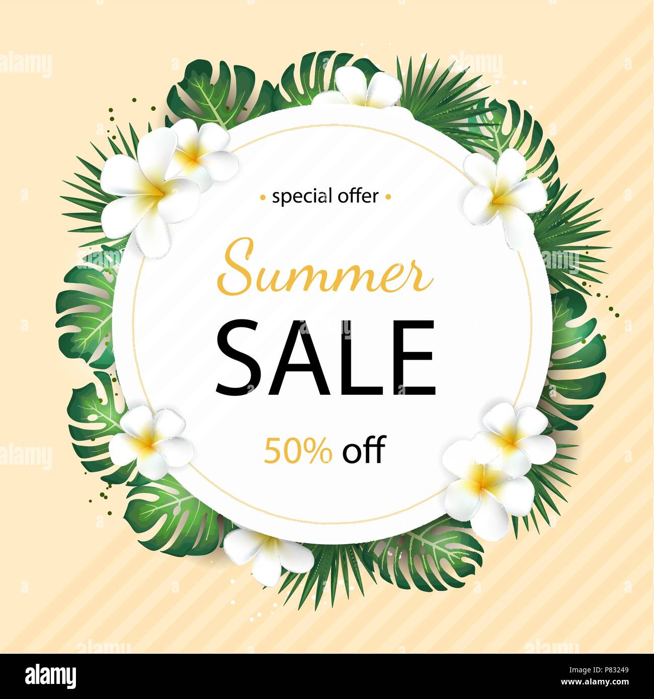 Summer sale background with tropical palm leaves and plumeria flower ...