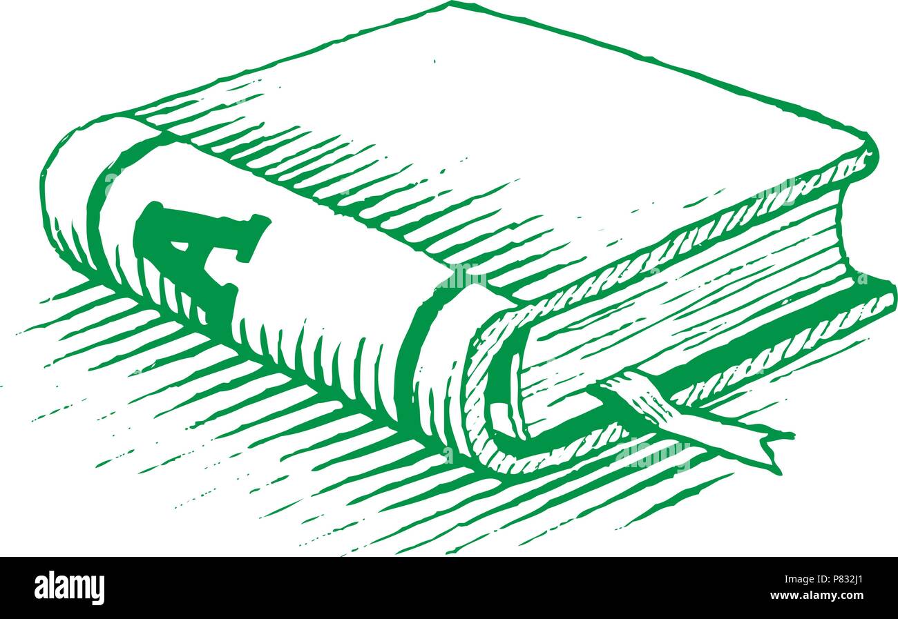 Vectorized Ink Drawing of a Green Book isolated on a White Background