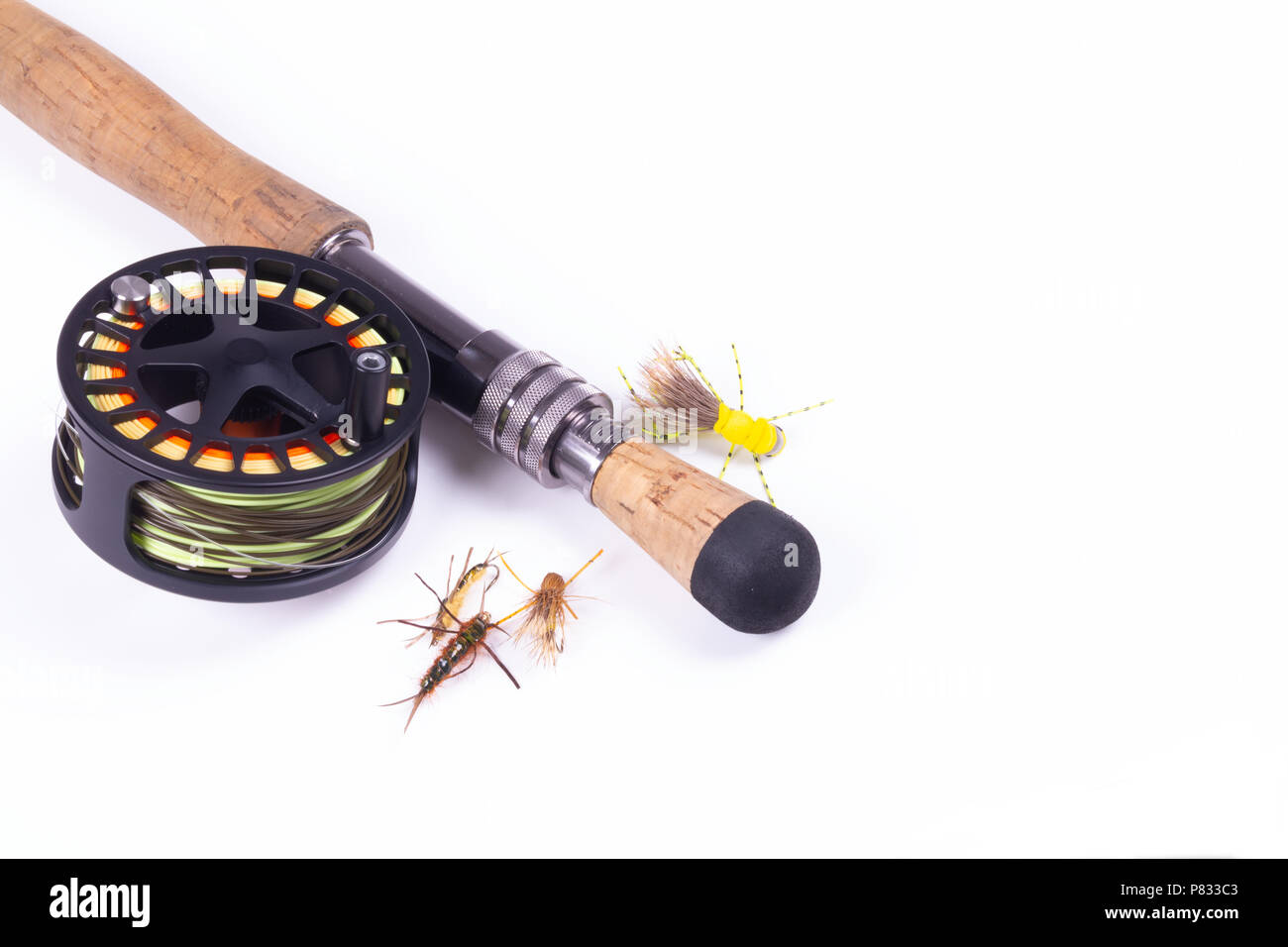 Some basic fly fishing gear on white background. Stock Photo
