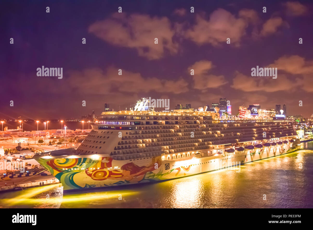 Miami, Florida - April 4 2014: Norwegian Getaway Cruise Ship at sunrise in the Port of Miami. Stock Photo