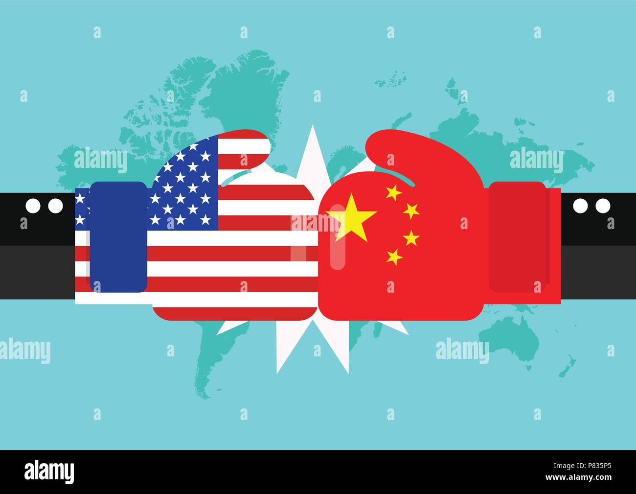 Conflict between USA and China with world map background. Two hand with boxing gloves fighting. Stock Vector