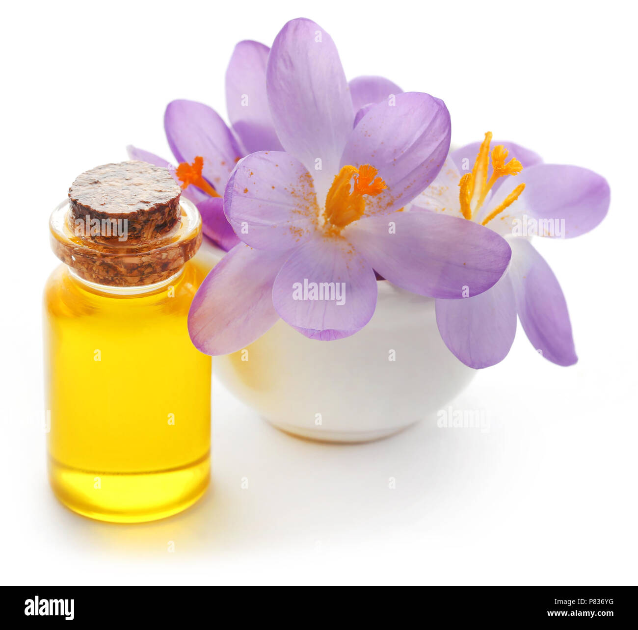 Saffron crocus flower with extract in a bottle over white Stock Photo ...