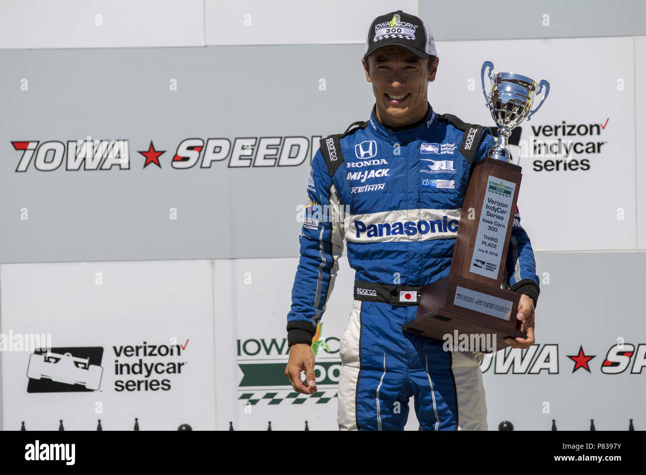 Newton, Iowa, USA. 8th July, 2018. JAMES HINCHCLIFFE (5) of Canada finishes in P1, SPENCER PIGOT (21) of the United State finishes in P2, and TAKUMA SATO (30) of Japan finishes in P3 in the Iowa Corn 300 at Iowa Speedway in Newton, Iowa. Credit: Justin R. Noe Asp Inc/ASP/ZUMA Wire/Alamy Live News Stock Photo