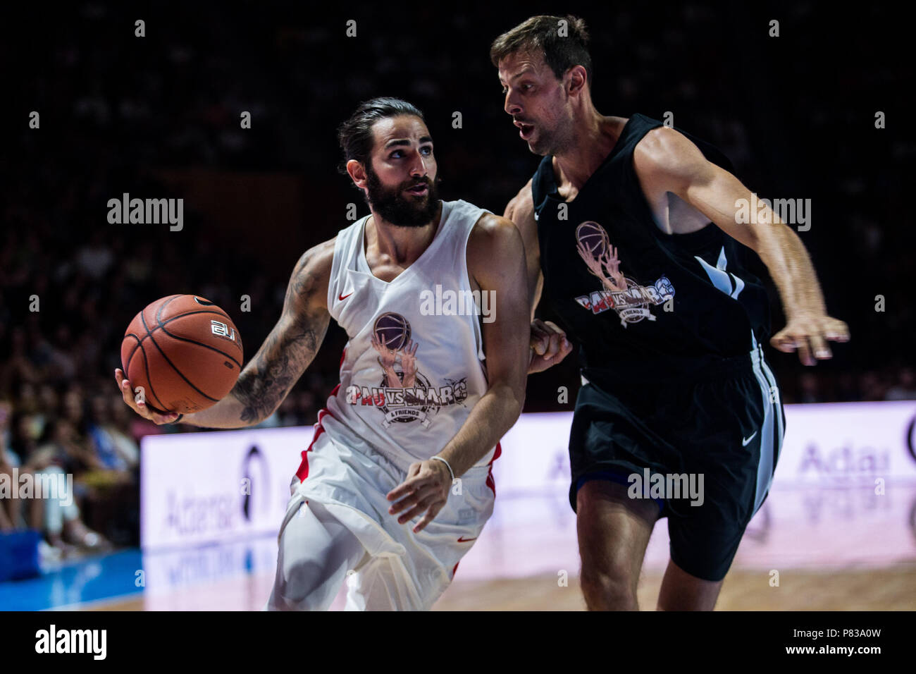 Ricky Rubio From Spain Of Utah Jazz Defended By Jordi Trias From Spain Of Icl Manresa During The Charity Friendly Match Pau Gasol Vs Marc Gasol With European And American Nba Players