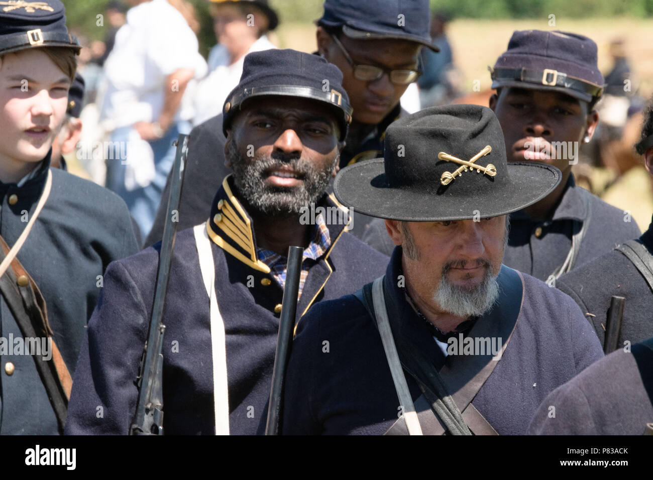 Gettysburg, Pennsylvania, USA. 8th July, 2018. Federal troop reenactors during the battle at the