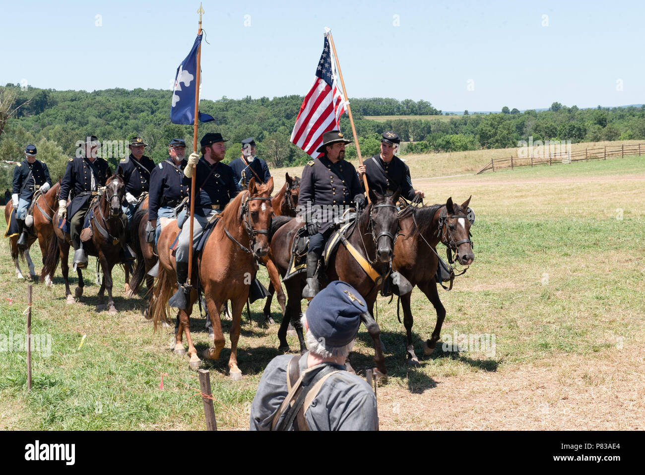 Gettysburg, Pennsylvania, USA. 8th July, 2018. Federal troop reenactors during the battle at the