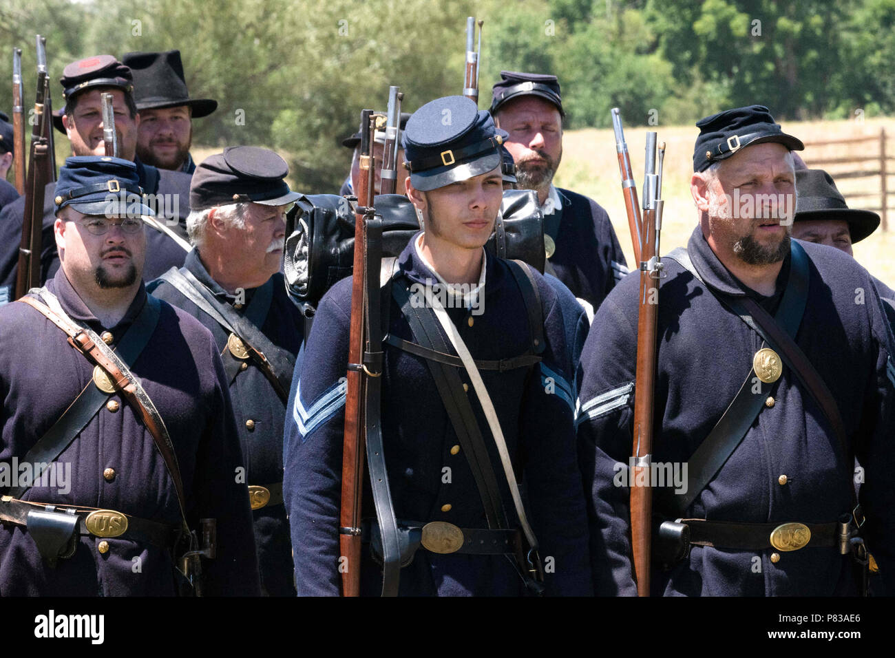 Gettysburg, Pennsylvania, USA. 8th July, 2018. Federal troop reenactors during the battle at the