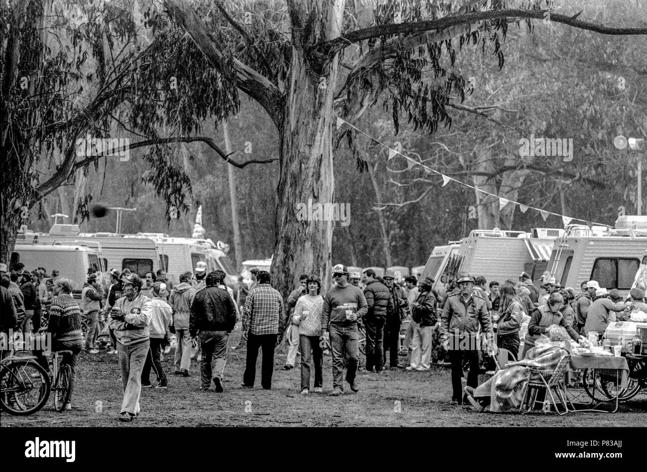 Stanford, California, USA. 20th Jan, 1985. Fans enjoy walking in the cool, foggy morning at the Super Bowl XIX tailgate on the Stanford University campus. The San Francisco 49ers defeated the Miami Dolphins 38-16 on Sunday, January 20, 1985. Credit: Al Golub/ZUMA Wire/Alamy Live News Stock Photo