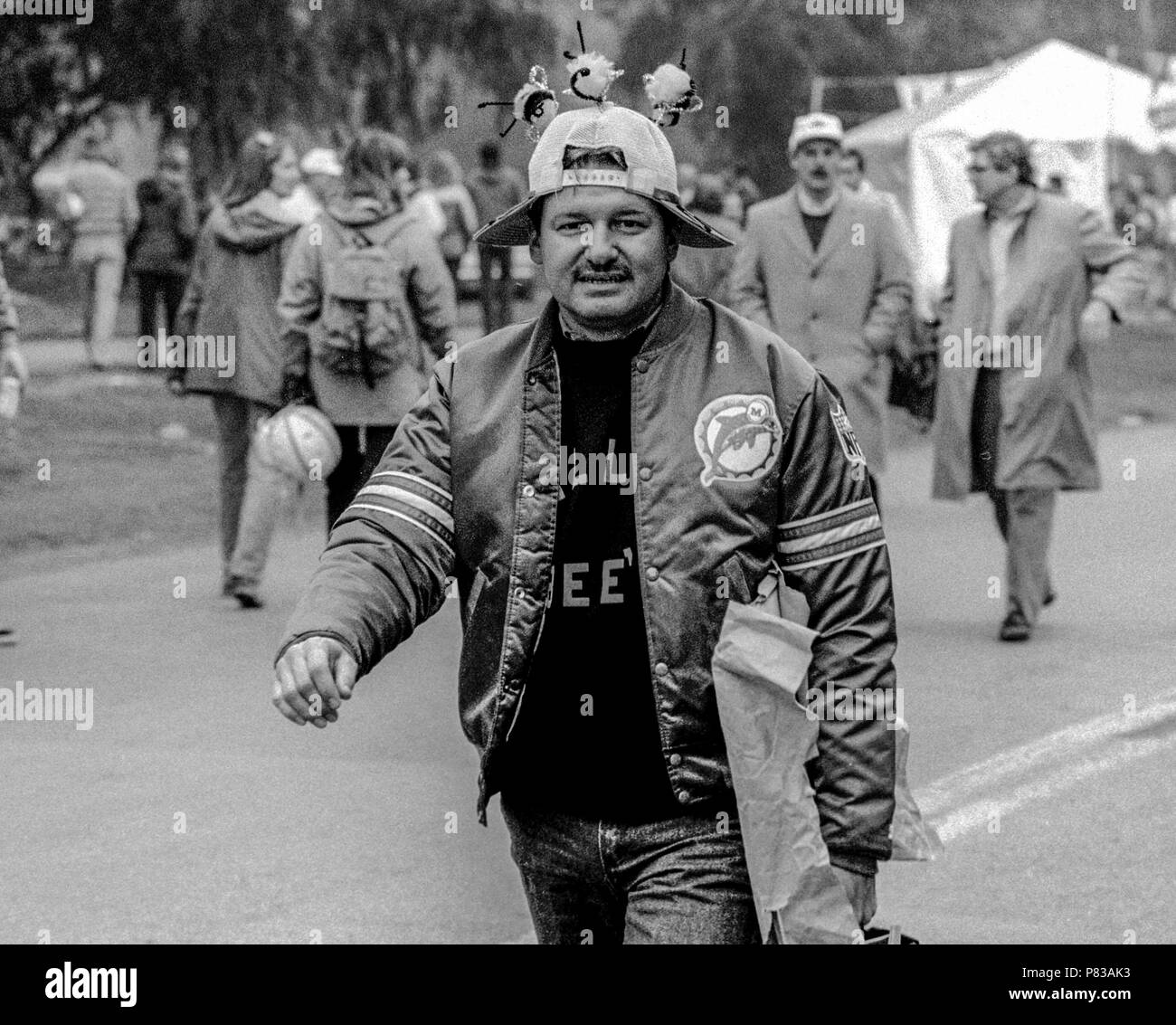 Stanford, California, USA. 20th Jan, 1985. Dolphins fan is ready to have fun at the Super Bowl XIX tailgate on the Stanford University campus. The San Francisco 49ers defeated the Miami Dolphins 38-16 on Sunday, January 20, 1985. Credit: Al Golub/ZUMA Wire/Alamy Live News Stock Photo