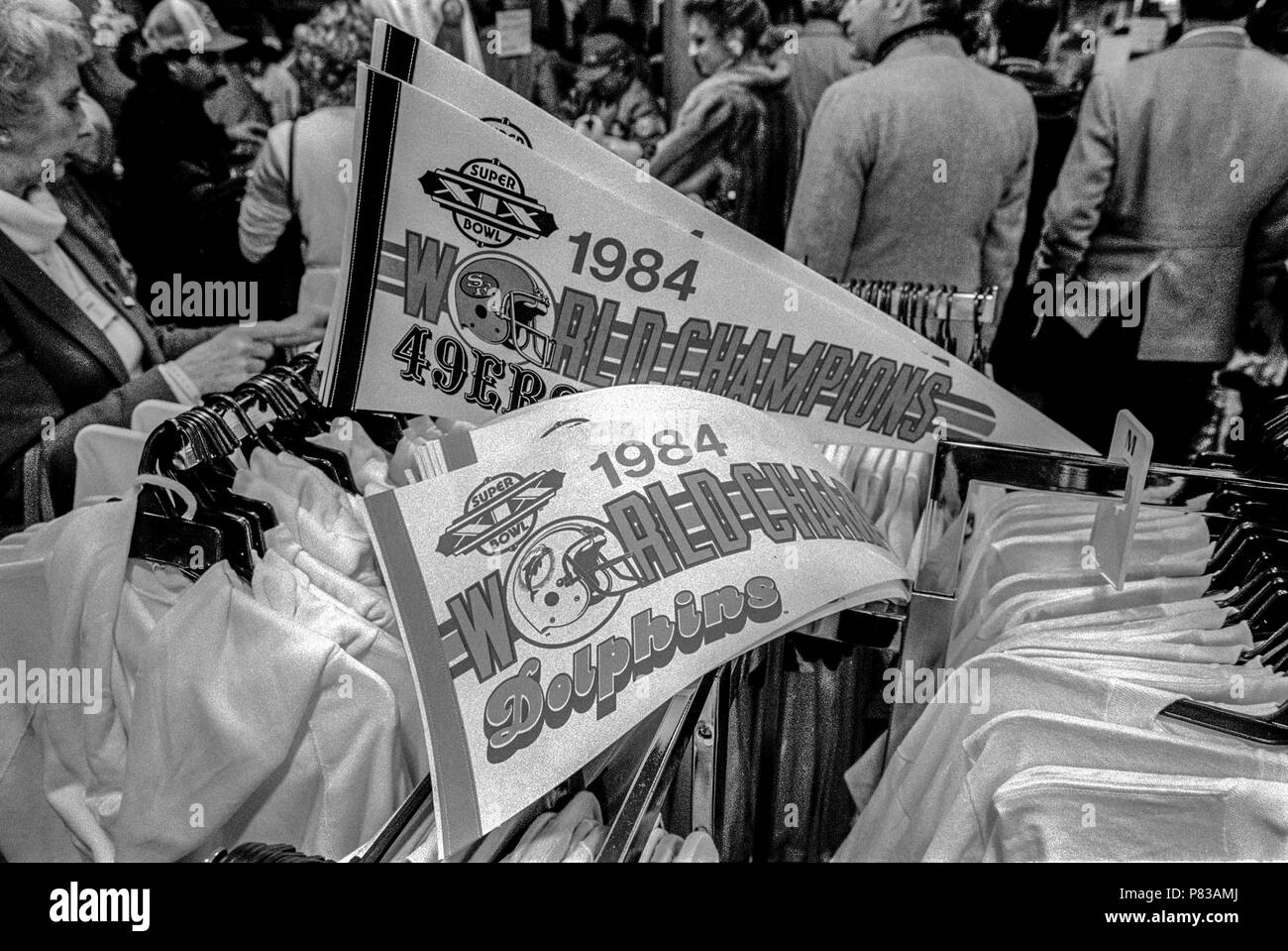 Stanford, California, USA. 20th Jan, 1985. Pennants for sale, for whichever team wins, at souvenir store near the Super Bowl XIX tailgate on the Stanford University campus. The San Francisco 49ers defeated the Miami Dolphins 38-16 on Sunday, January 20, 1985. Credit: Al Golub/ZUMA Wire/Alamy Live News Stock Photo