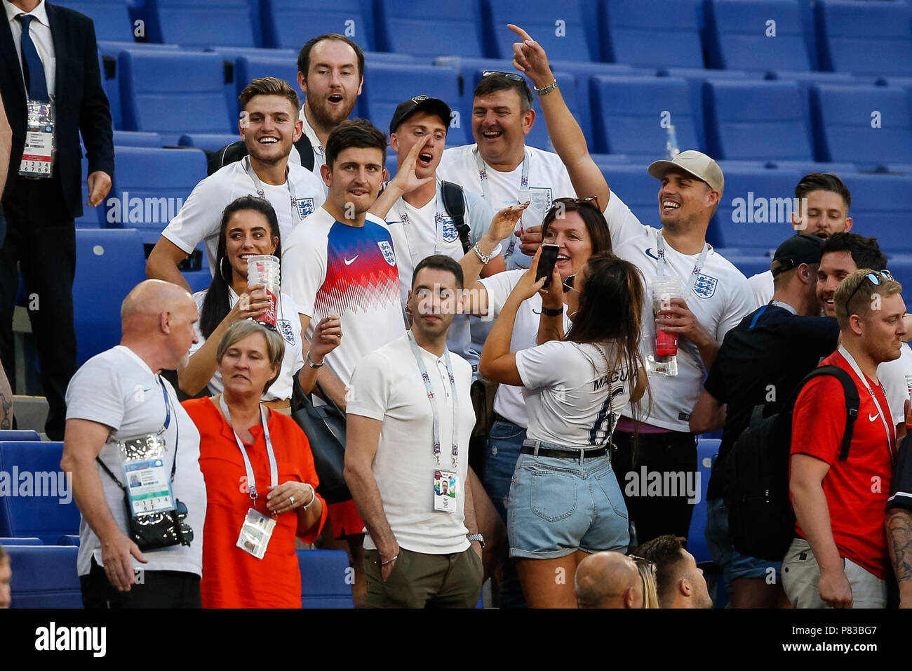 Samara Russia 7th July 2018 Harry Maguire Of England Celebrates With His Friends Family And Partner Fern Hawkins After The 2018 Fifa World Cup Quarter Final Match Between Sweden And England At