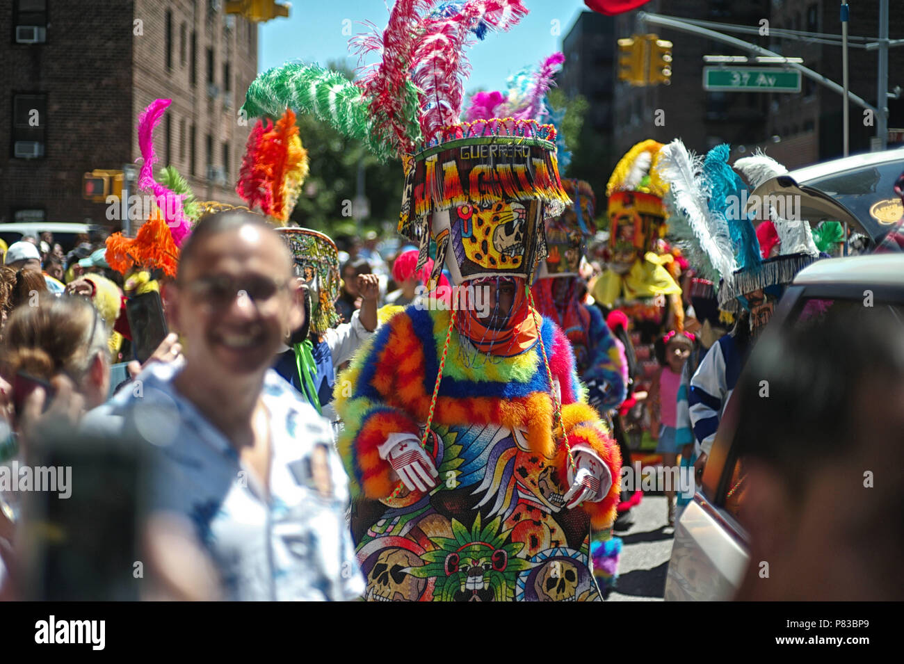 New York City, Queens, USA. 8th July, 2018. Chinelos are a kind of  traditional costumed dancer which is popular in the Mexican state of  Morelos, parts of the State of Mexico and