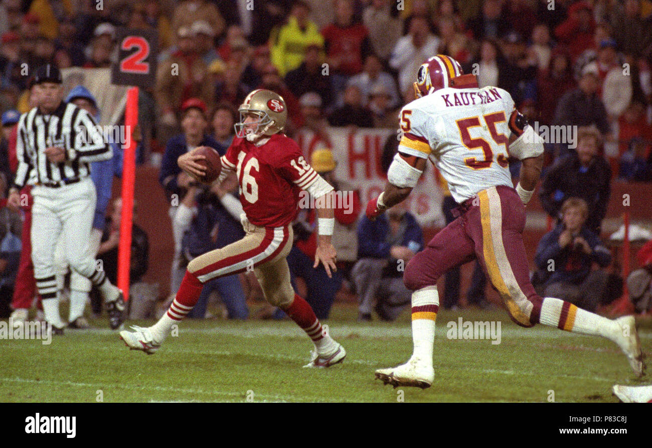 San Francisco, California, USA. 12th Nov, 1991. San Francisco 49ers vs  Washington Redskins at Candlestick Park Saturday, January 12, 1991. Redskins  defensive tackle Tim Johnson (78) sacks 49er quarterback Joe Montana  (16).49ers