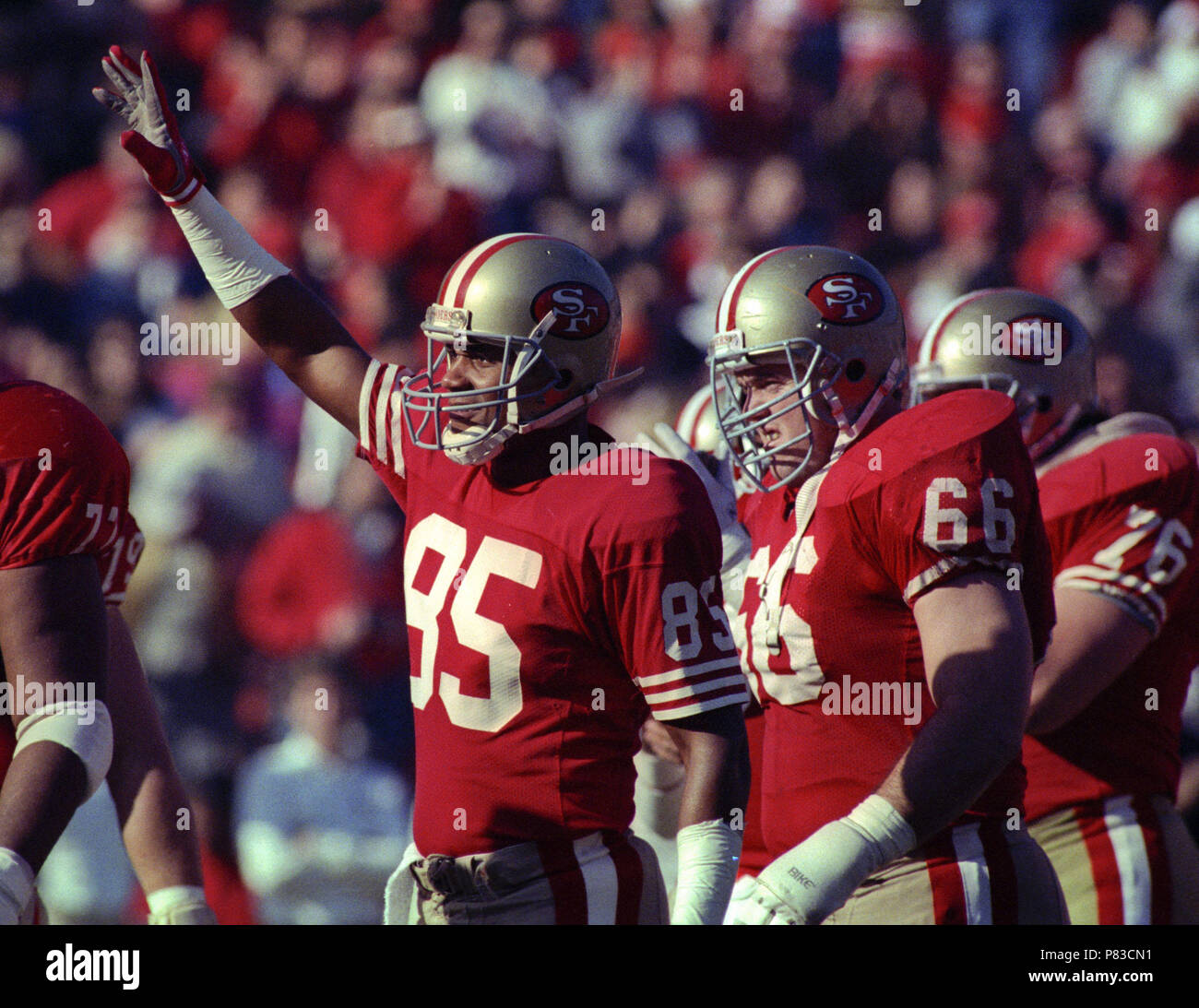 San Francisco, California, USA. 23rd Sep, 1990. San Francisco 49ers vs  Atlanta Falcons at Candlestick Park Sunday, September 23, 1990. 49ers beat  Falcons 19-13. 49er wide receiver Mike Wilson (85) attempts to