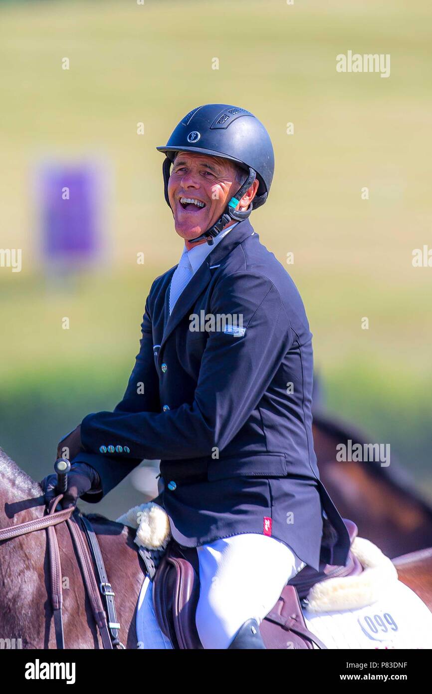 Wiltshire, UK. 8th July, 2018. Blyth Tait riding Leo Distinction.  NZL. Laughing. Day 4. CIC***. Section B. Showjumping. St James Barbury Horse Trials. Wroughton. Wilstshire. UK. 08/07/2018. Credit: Sport In Pictures/Alamy Live News Stock Photo