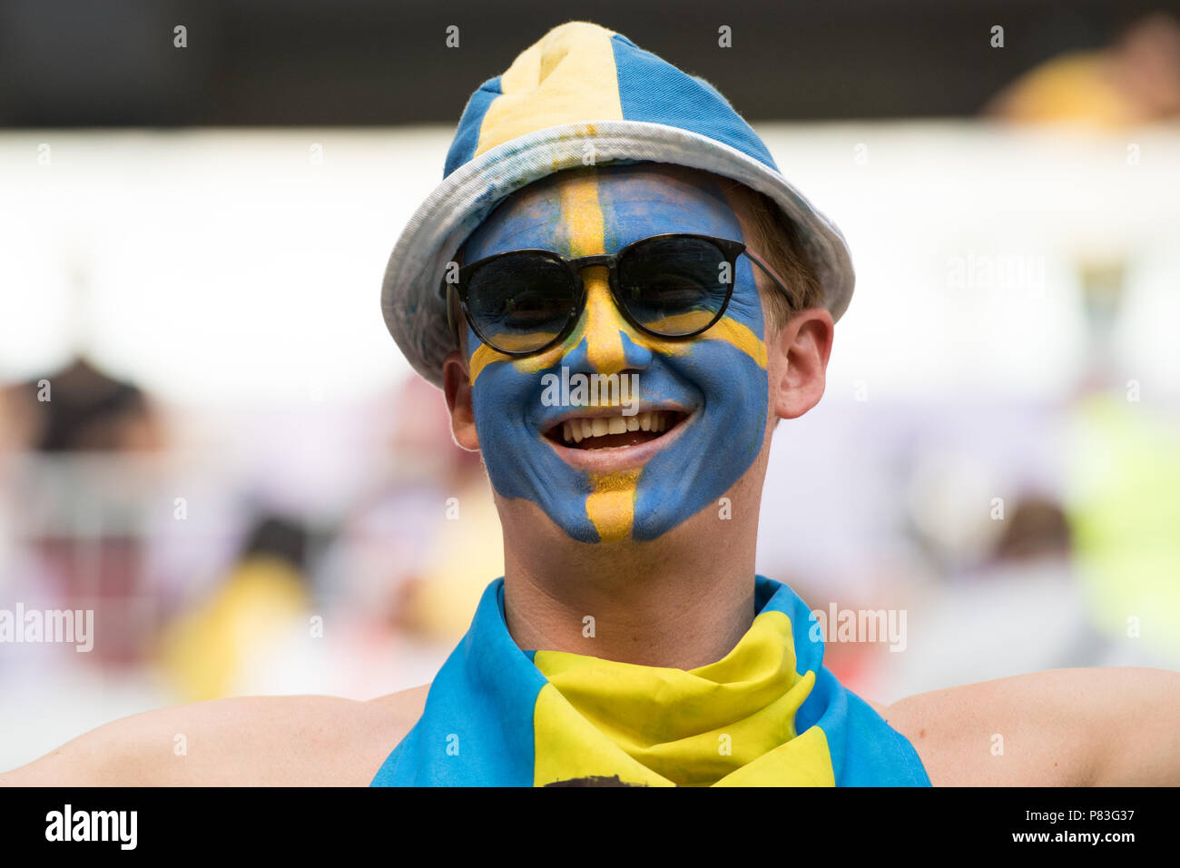 Samara, Russland. 07th July, 2018. Swedish Fan with Face Paint, Painted, Paint, Colors, Fans, Spectators, Supporter, Supporter, Portrait, Portrsst, Portrait, Close Up, Sweden (SWE) - England (ENG) 0-2, Quarterfinal, Game 60, on 07.07.2018 in Samara; Football World Cup 2018 in Russia from 14.06. - 15.07.2018. | usage worldwide Credit: dpa/Alamy Live News Stock Photo