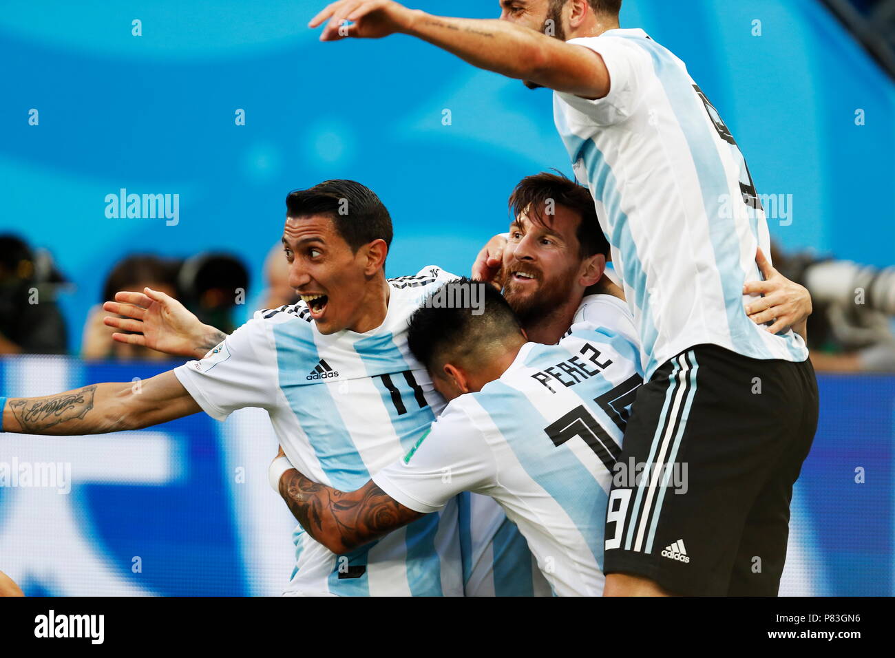 Saint Petersburg, Russia. 26th June, 2018. Lionel Messi (ARG) Football/Soccer : Messi and his team players celebrate after his goal on FIFA World Cup Russia 2018 match between Nigeria 1-2 Argentina at the Saint Petersburg Stadium in Saint Petersburg, Russia . Credit: Mutsu KAWAMORI/AFLO/Alamy Live News Stock Photo