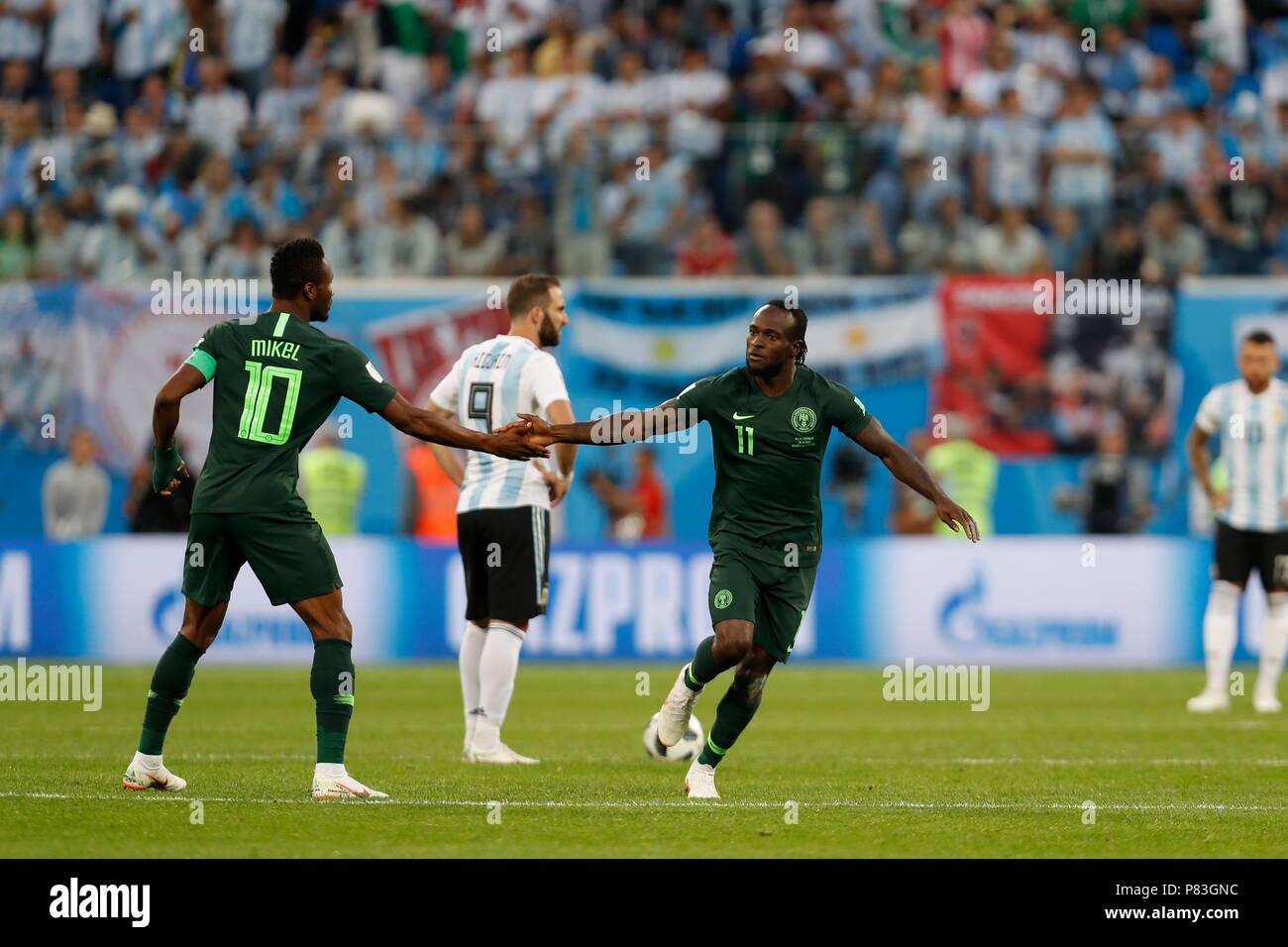 Saint Petersburg, Russia. 26th June, 2018. (L-R) John Obi Mikel, Victor Moses (NGA) Football/Soccer : Mikel and Moses celebrate after Moses's goal on FIFA World Cup Russia 2018 match between Nigeria 1-2 Argentina at the Saint Petersburg Stadium in Saint Petersburg, Russia . Credit: Mutsu KAWAMORI/AFLO/Alamy Live News Stock Photo