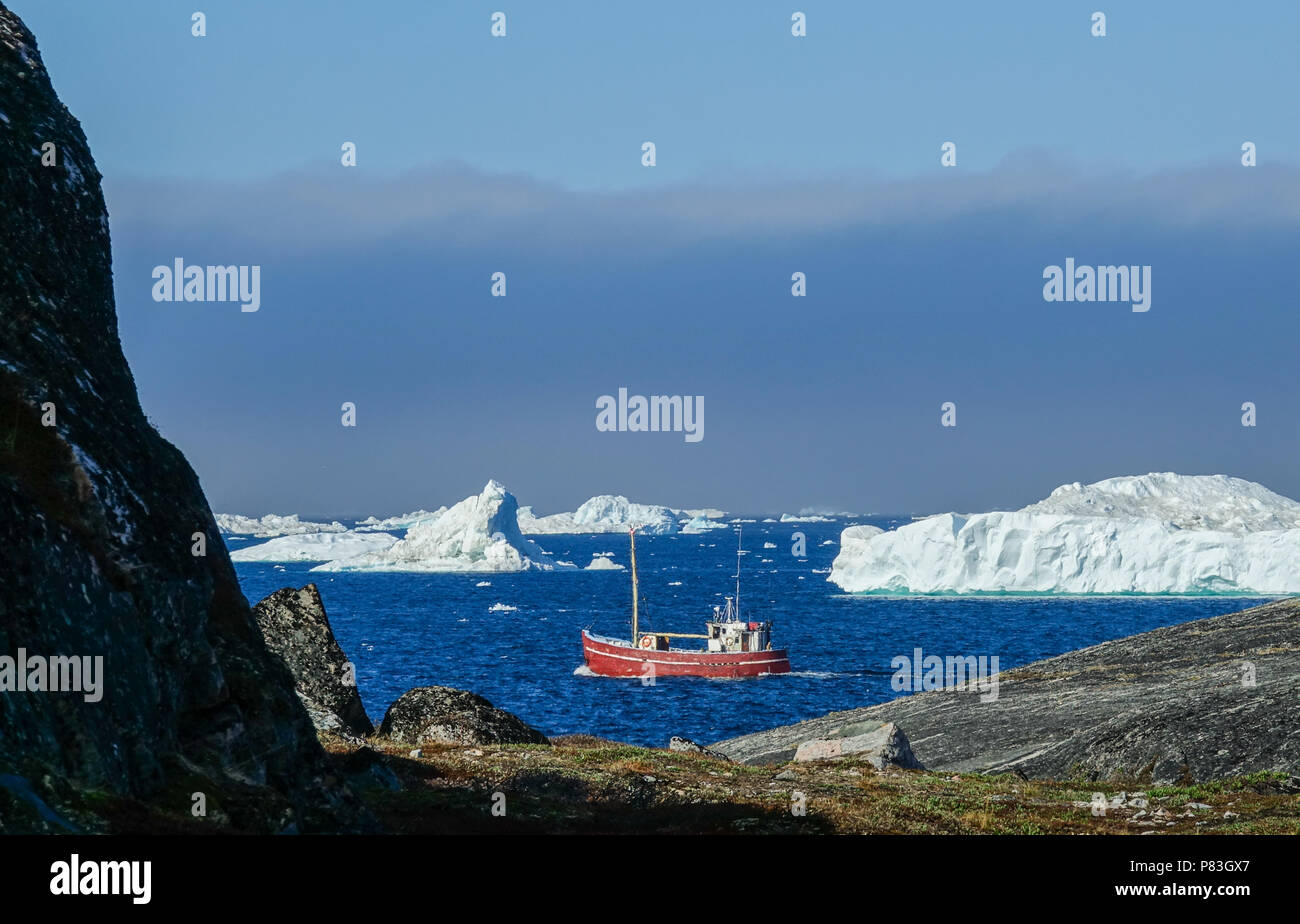 23.06.2018, Gronland, Denmark: A small ship cruising between icebergs near the coastal town of Ilulissat in western Greenland. The city is located on the Ilulissat Icefjord, which is known for its particularly large icebergs in Disko Bay. Photo: Patrick Pleul / dpa-Zentralbild / ZB | usage worldwide Stock Photo