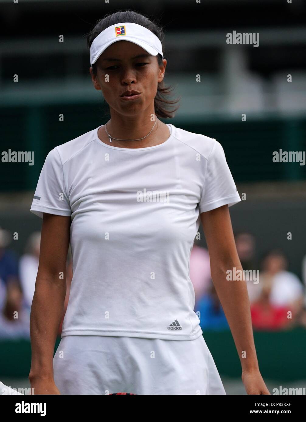 London, Britain. 9th July, 2018. Hsieh Su-Wei of Chinese Taipei reacts  during the women's singles fourth round match against Dominika Cibulkova of  Slovakia at the Wimbledon Championships 2018 in London, Britain, July