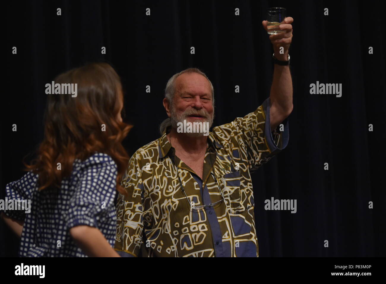 Karlovy Vary, Czech Republic. 04th July, 2018. Film director Terry Gilliam and actress Joana Ribeiro (left) presented their film 'The Man Who Killed Don Quixote' during the 53rd International Film Festival in Karlovy Vary (KVIFF), Czech Republic, on July 4, 2018. Credit: Slavomir Kubes/CTK Photo/Alamy Live News Stock Photo