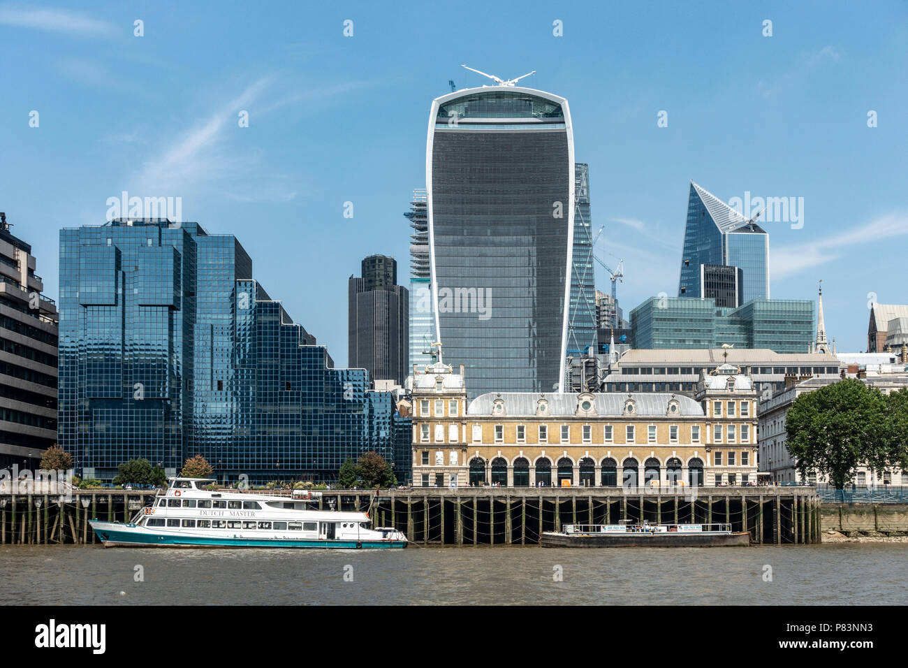 London Architecture Old & New: North Bank River Thames. The Walkie talkie, The Scalpel, The Cheesegrater, old Billingsgate fish market Tower 42. Stock Photo