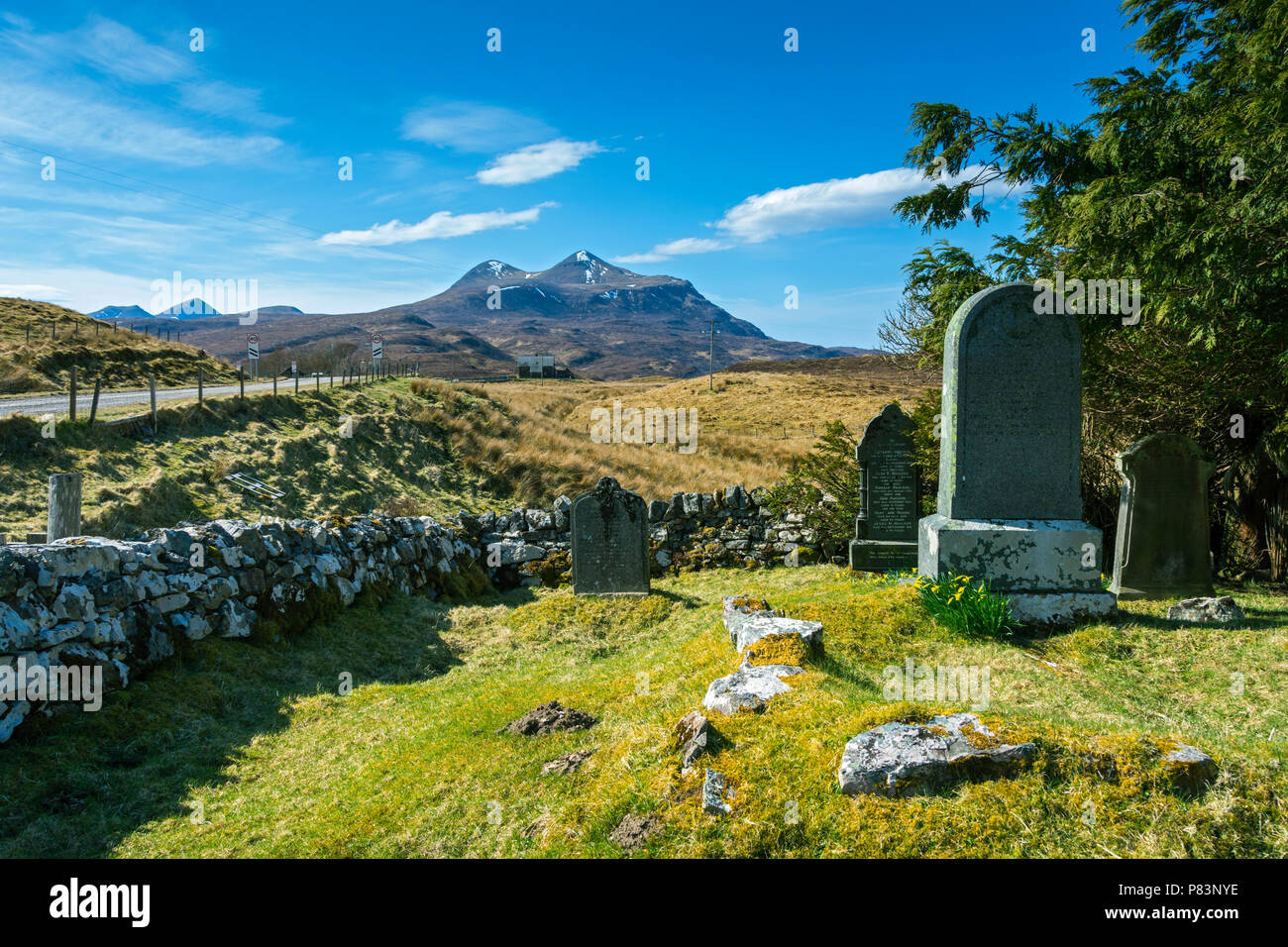 Cul Mòr from a cemetery at the side of the A835 road at Cam Loch, near Elphin, Sutherland, Highland Region, Scotland, UK Stock Photo