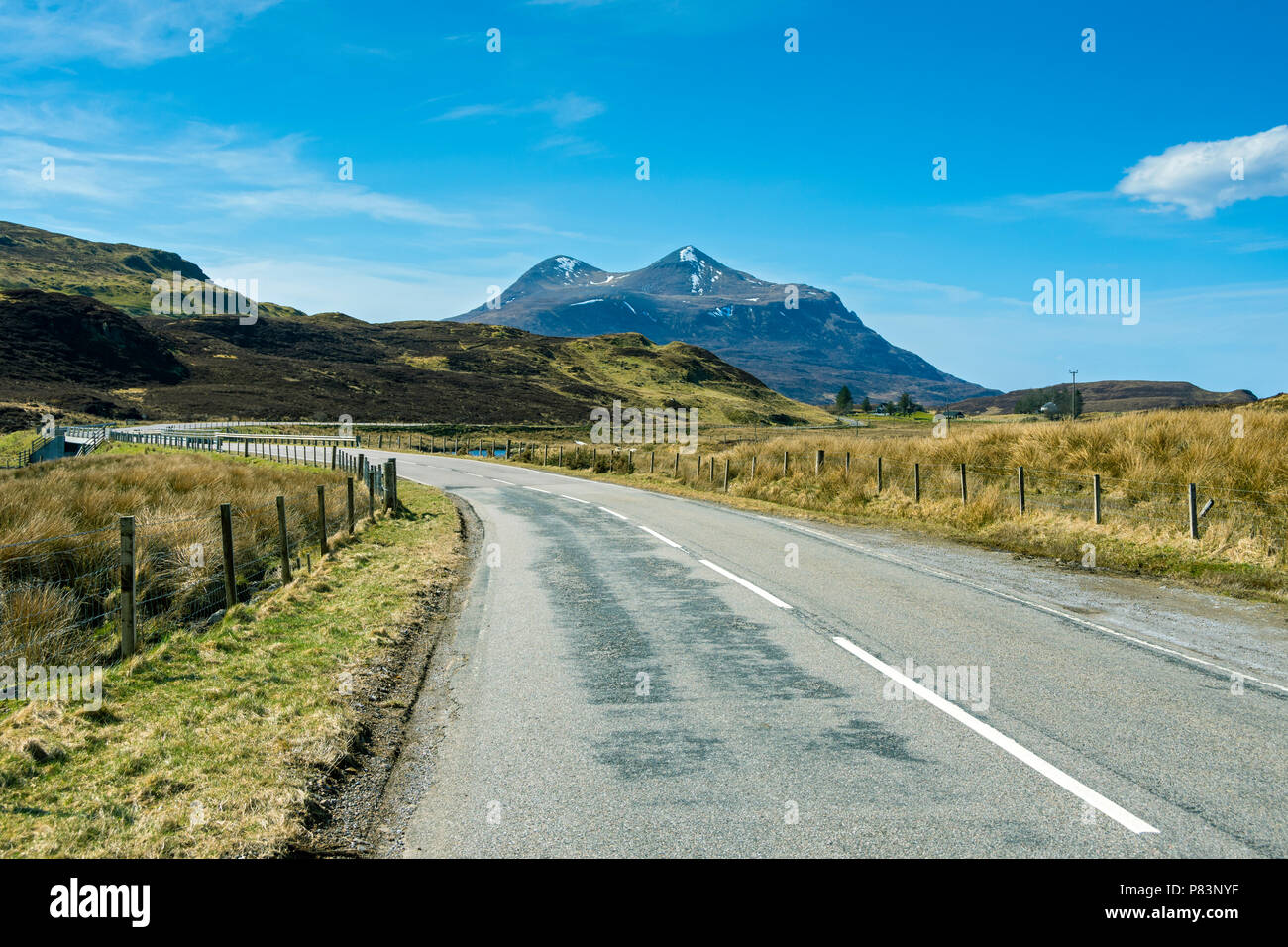 Cul Mòr from the A835 road at Cam Loch, near Elphin, Sutherland, Highland Region, Scotland, UK Stock Photo
