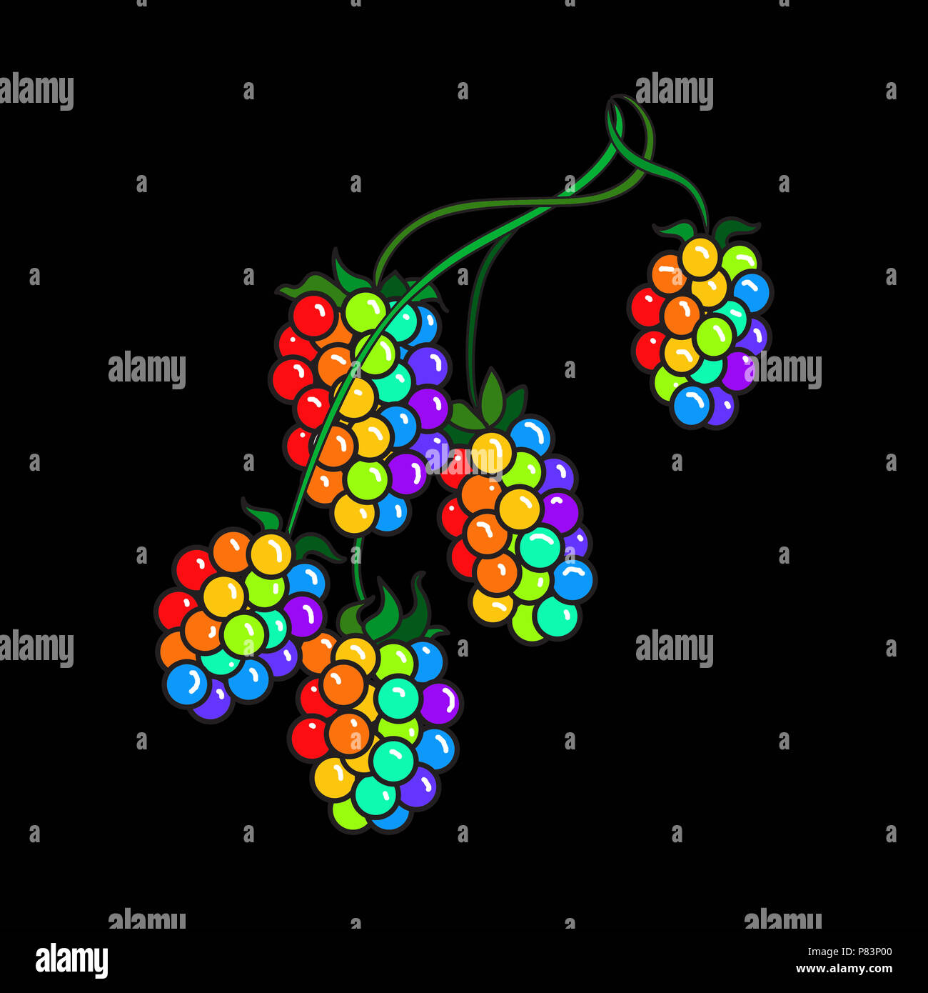 Illustration of raspberries on the stem in rainbow colors against a ...