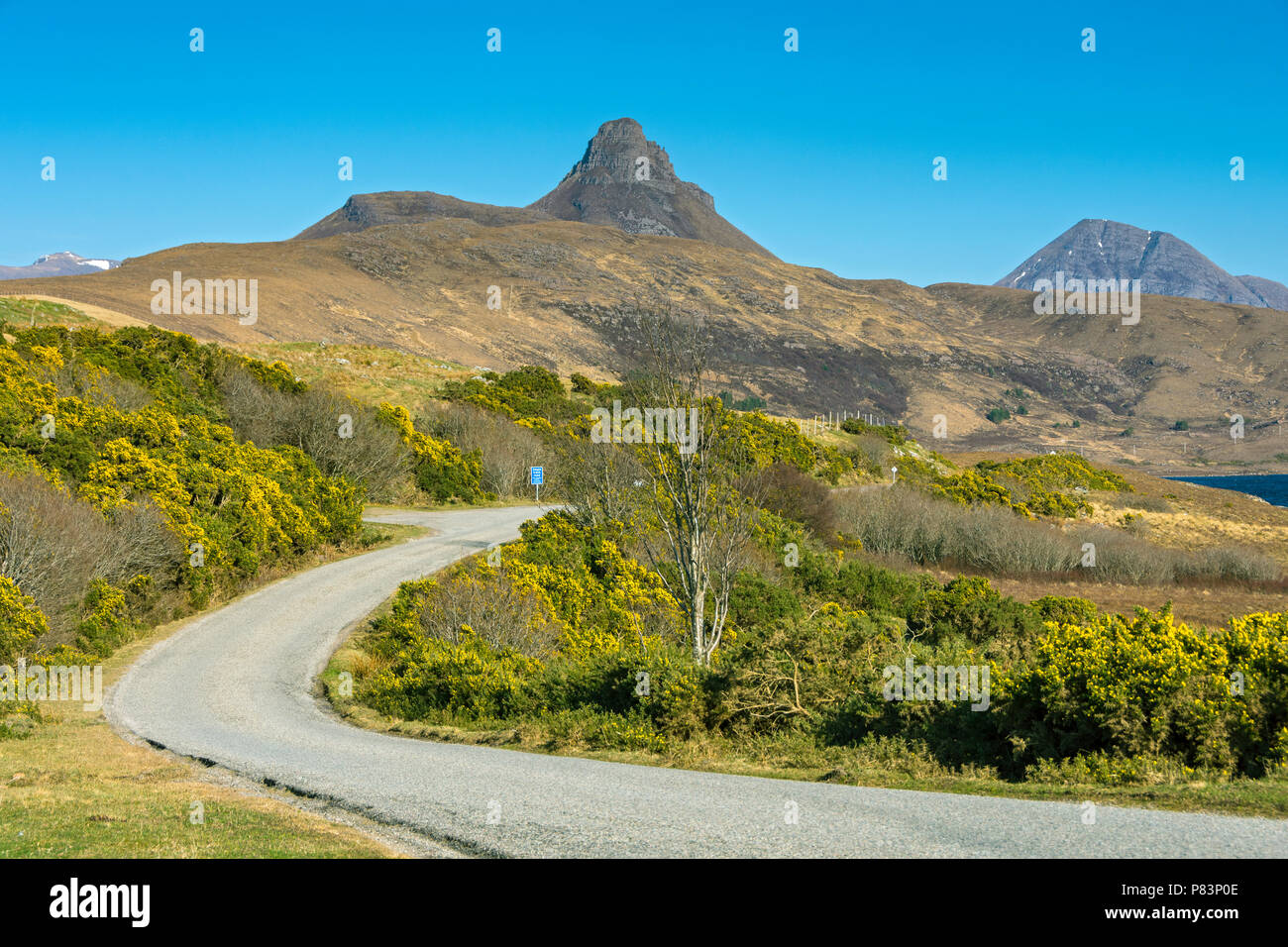 Stac Pollaidh (Stac Polly) and Cùl Beag from the single track road near Loch Bad a' Ghaill, Coigach, Sutherland, Highland Region, Scotland, UK Stock Photo