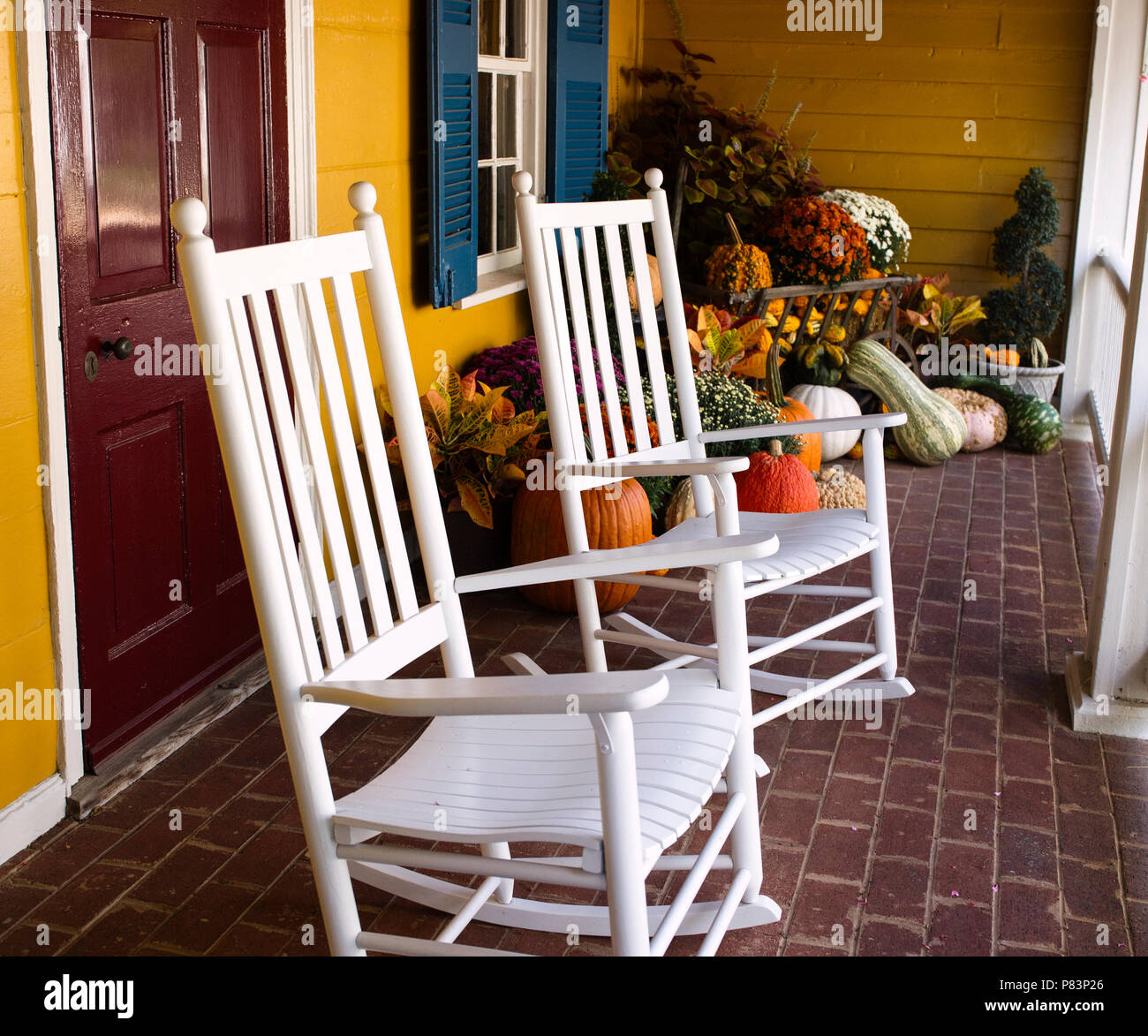 Autumn decoration in Virginia with pumpkins and rocking chairs-Square size Stock Photo