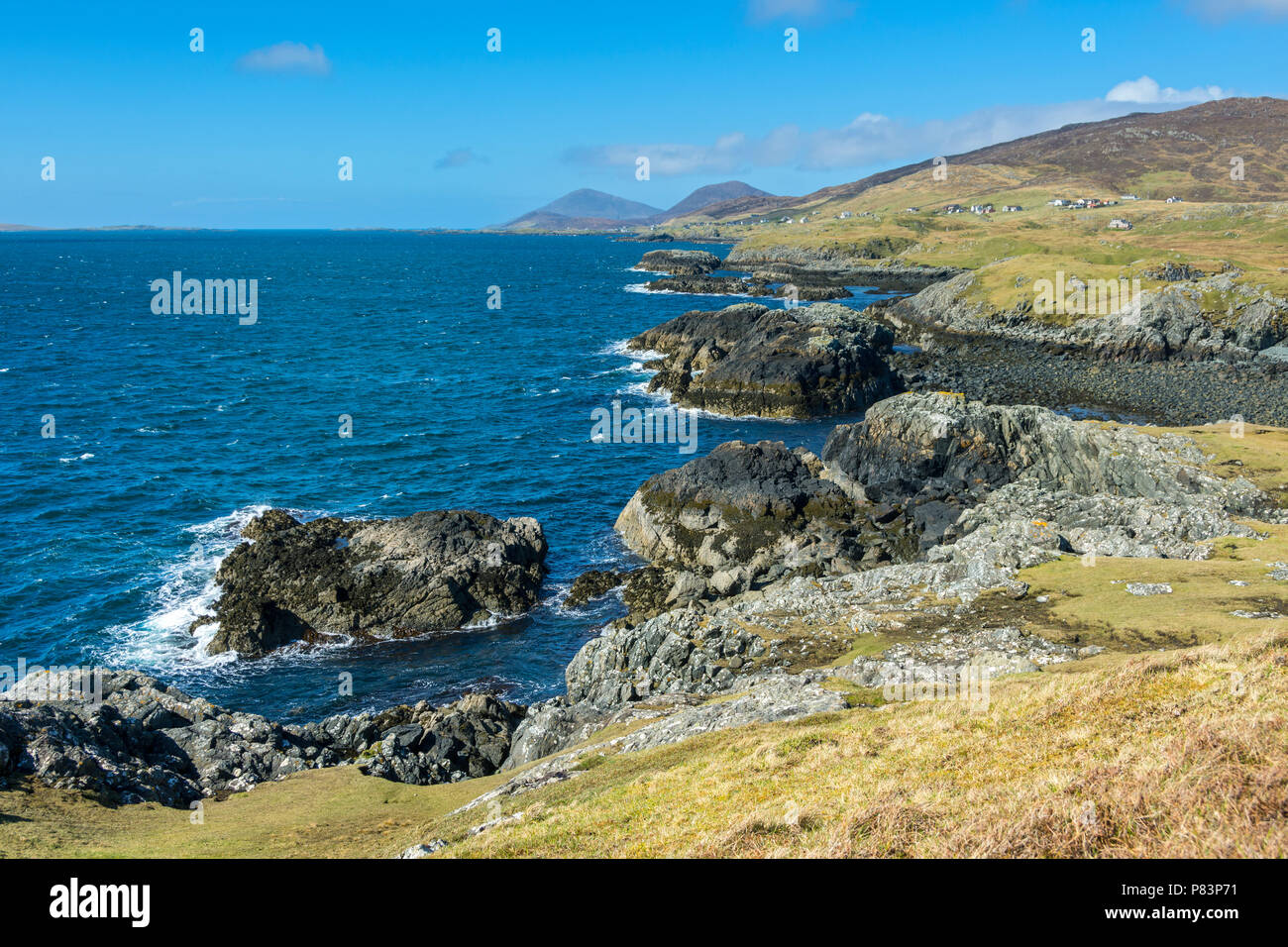 Ceapabhal and Grèabhal from the western side of the Renish Point peninsula (Rubha Reinis), near Rodel, South Harris, Western Isles, Scotland, UK Stock Photo