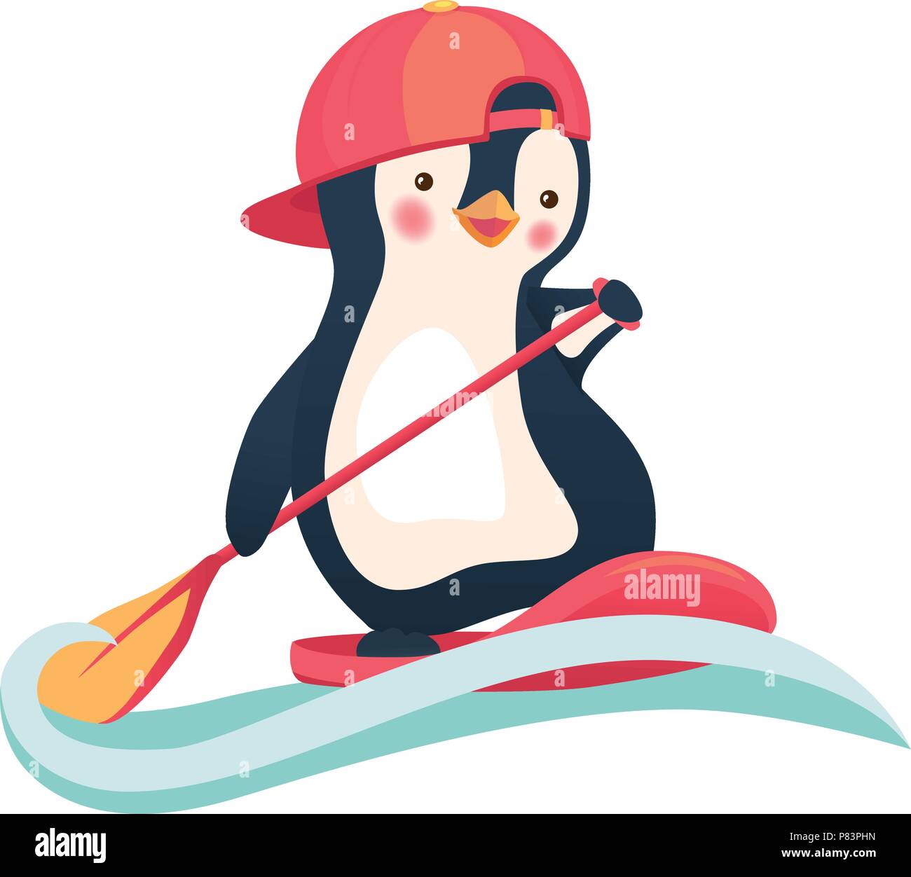 Penguin floating on SUP board. Paddle board. Penguin vector illustration Stock Vector
