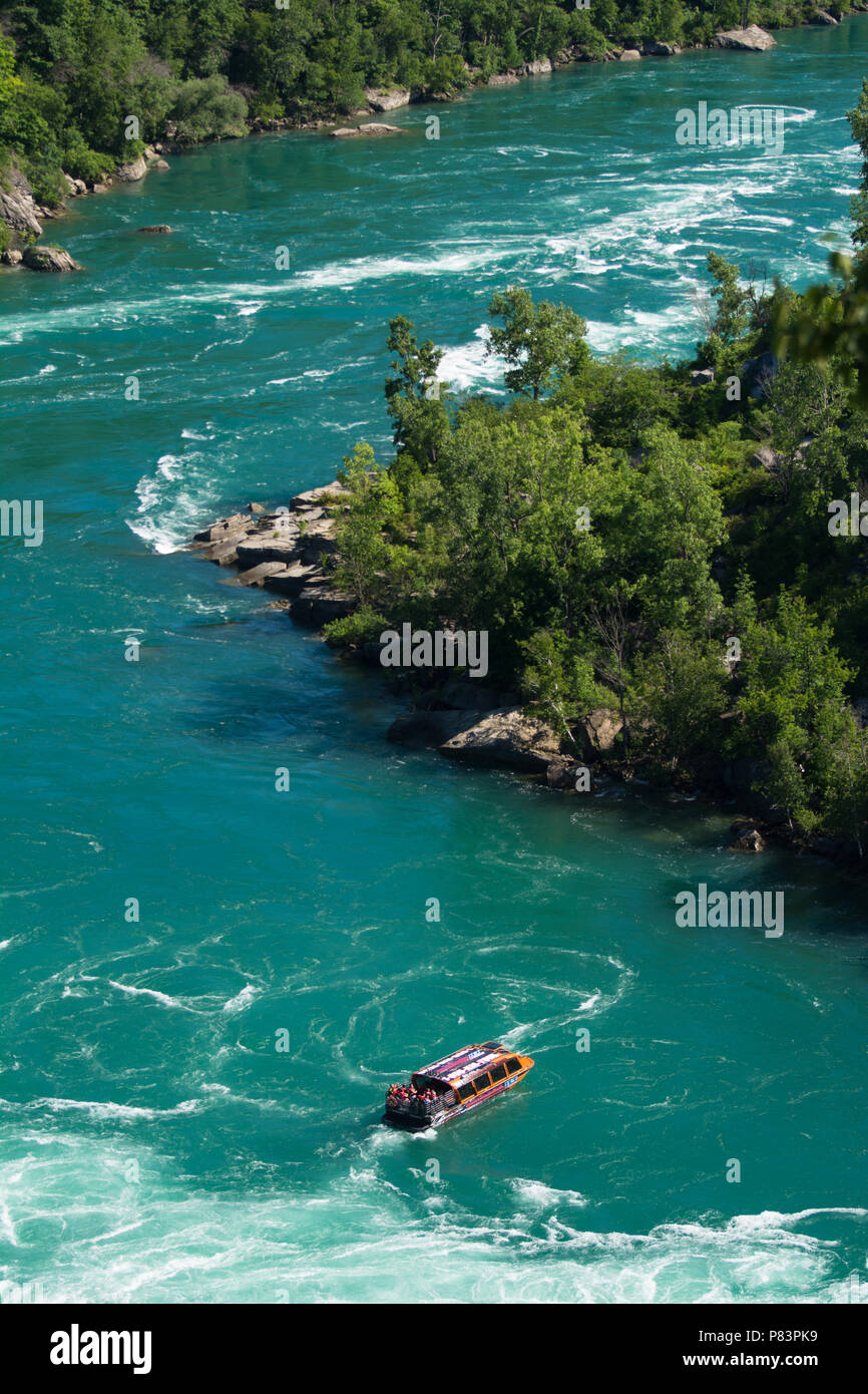 Whirlpool Jet Boat tour on the Niagara River in Niagara Gorge, Niagara Falls, Ontario, Canada Stock Photo