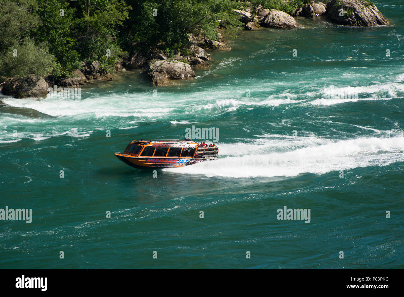 Whirlpool Jet Boat tour on the Niagara River in Niagara Gorge, Niagara Falls, Ontario, Canada Stock Photo