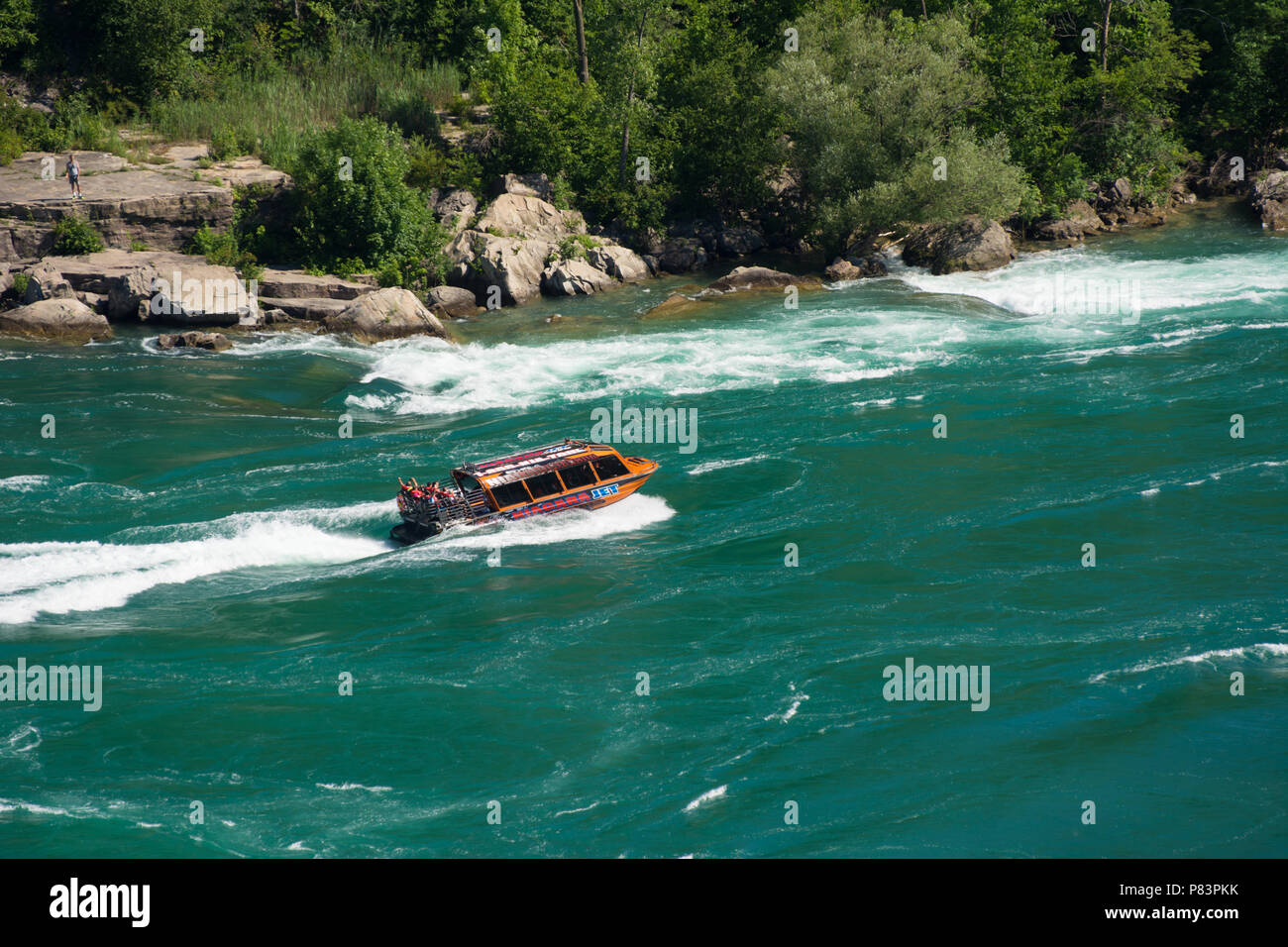 Whirlpool Jet Boat tour on the Niagara River in Niagara Gorge, Niagara Falls, Ontario, Canada Stock Photo