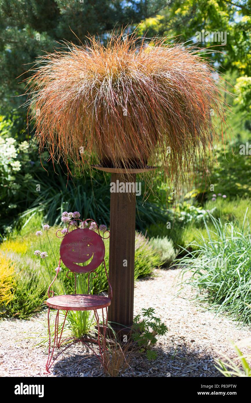 A small metal chair in the shade in a beautiful garden on a sunny day. Stock Photo
