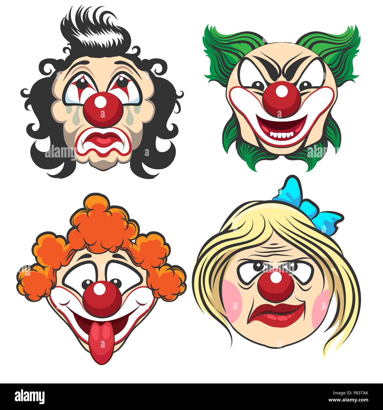 Set of different circus clown faces. Fun and creepy clowns. Vector Illustration. Stock Vector