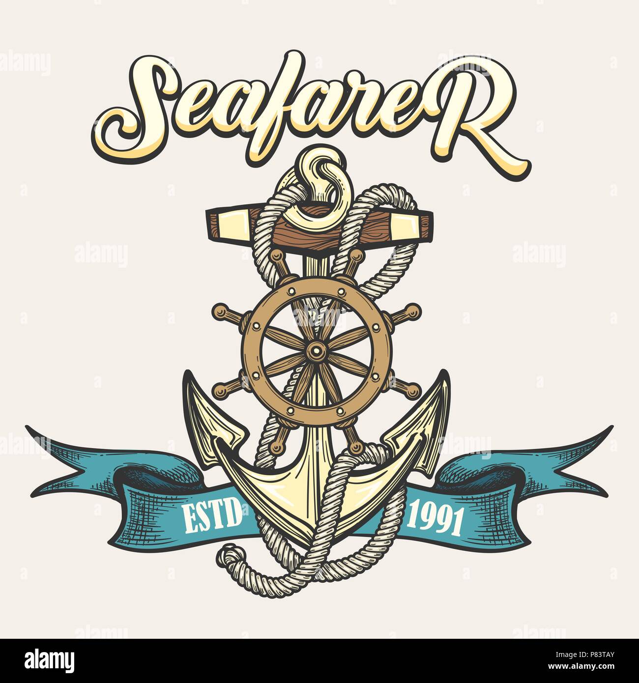 Nautical vintage label, emblem or print in tattoo style. Anchor, rope, steering wheel and ribbon. Vector illustration. Stock Vector