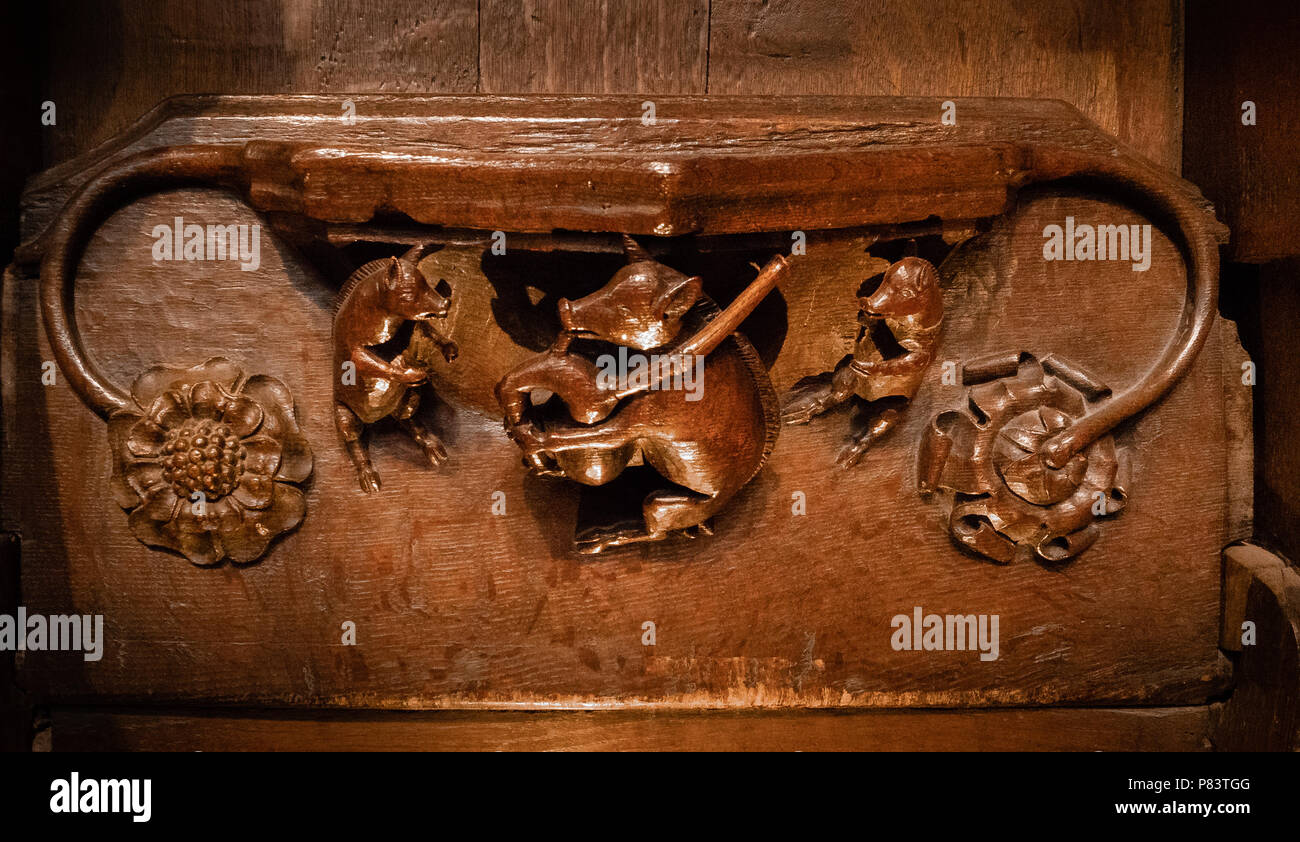 Humorous carved underside of an oak mIserichord in Ripon cathedral Yorkshire depicting three dancing pigs with one playing bagpipes Stock Photo