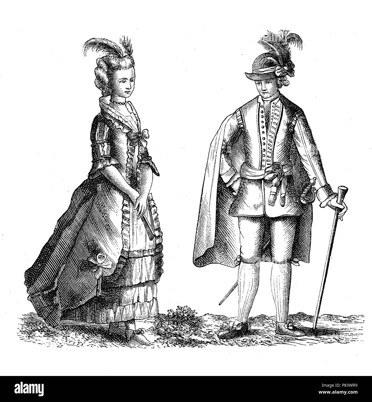 Vintage illustration, Sweden  man and woman national traditional costumes in 1778 Stock Photo