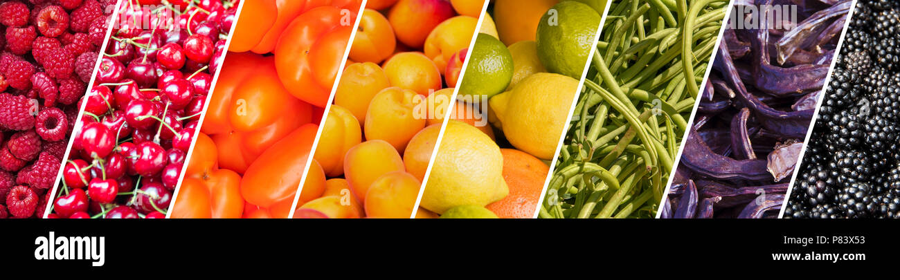 Fresh fruits and vegetables rainbow panoramic collage, healthy eating concept Stock Photo