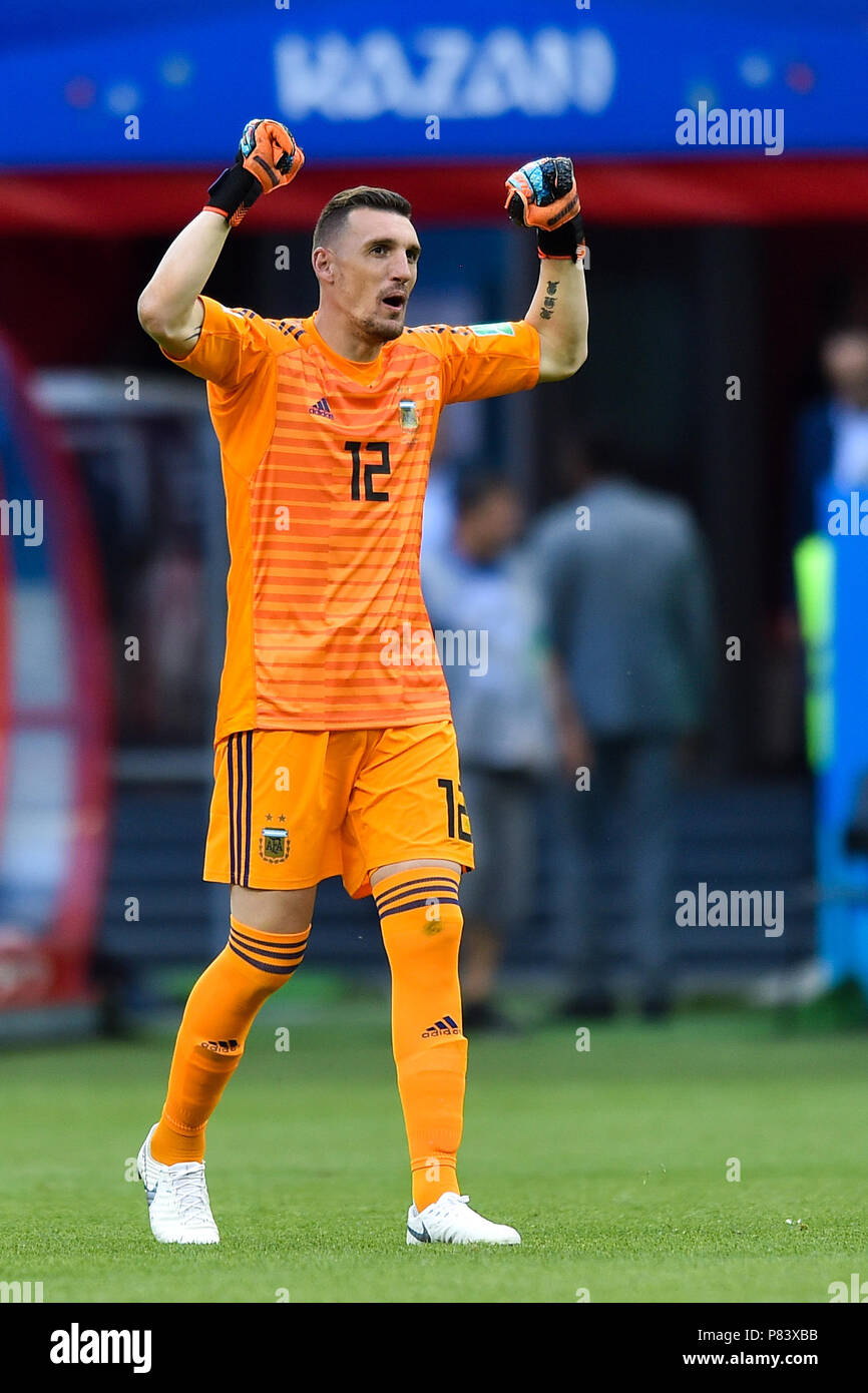 Franco Armani of Argentina celebrates his team mate goal during the 2018 World Cup Round of 16 match between France and Argentina at Kazan Arena on June 30, 2018 in