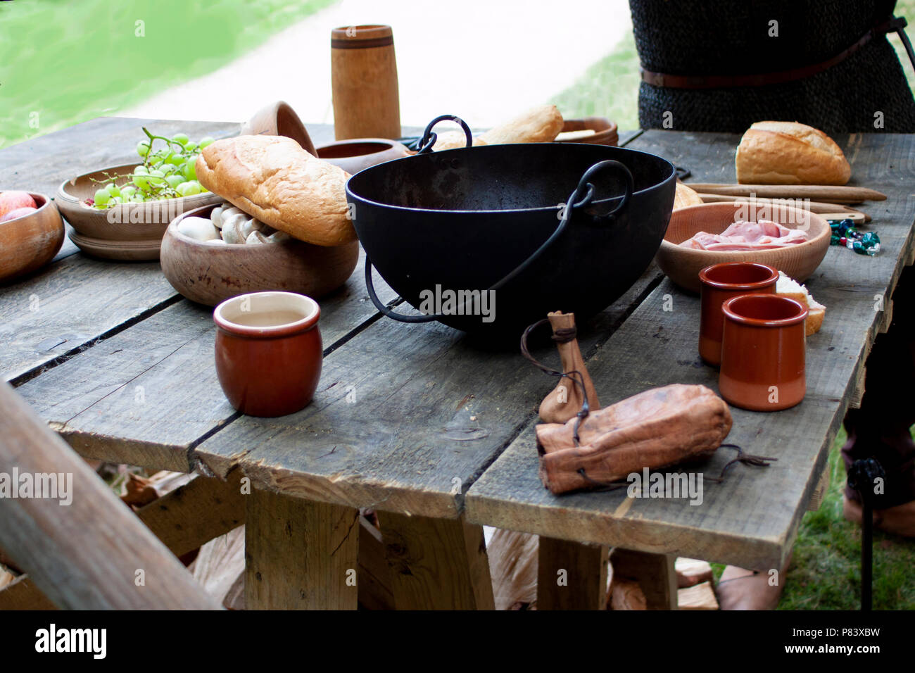 Traditional medieval or viking food on a wooden table Stock Photo
