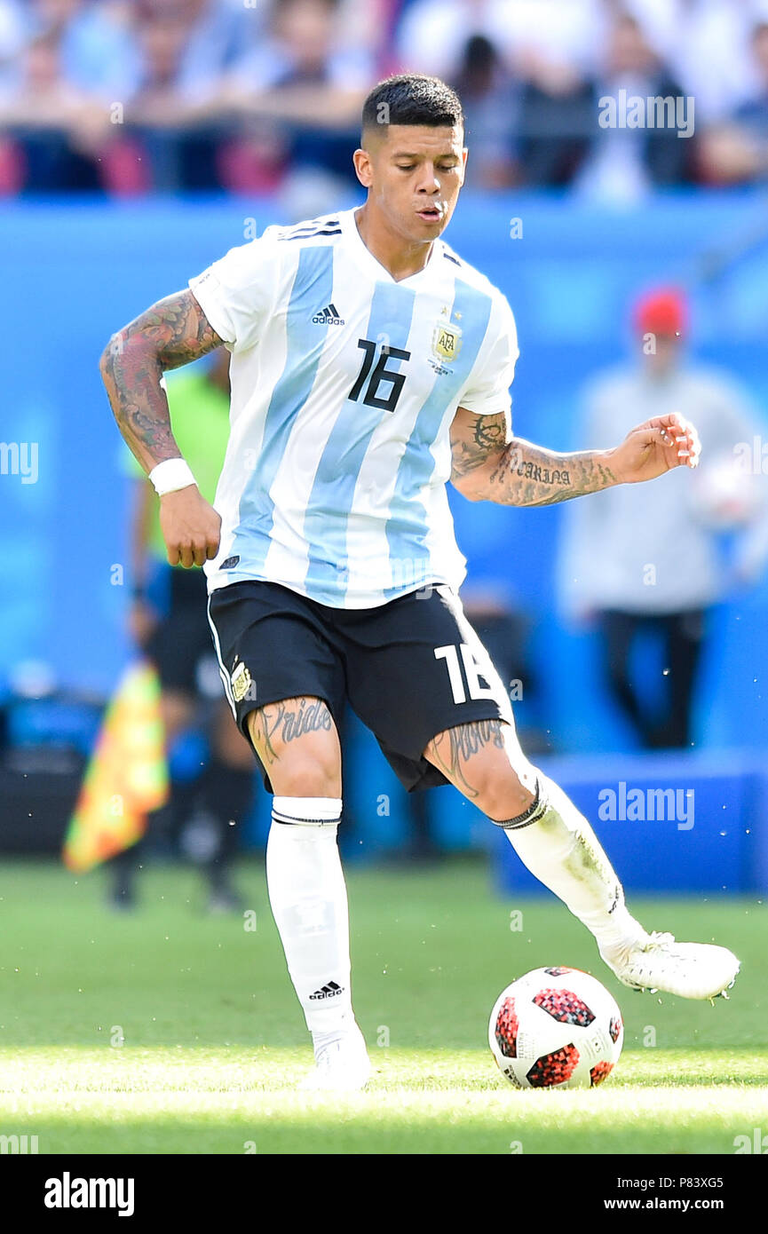 Marcos Rojo of Argentina passes the ball  during the 2018 FIFA World Cup Russia Round of 16 match between France and Argentina at Kazan Arena on June 30, 2018 in Kazan, Russia. (Photo by Lukasz Laskowski/PressFocus/MB Media) Stock Photo