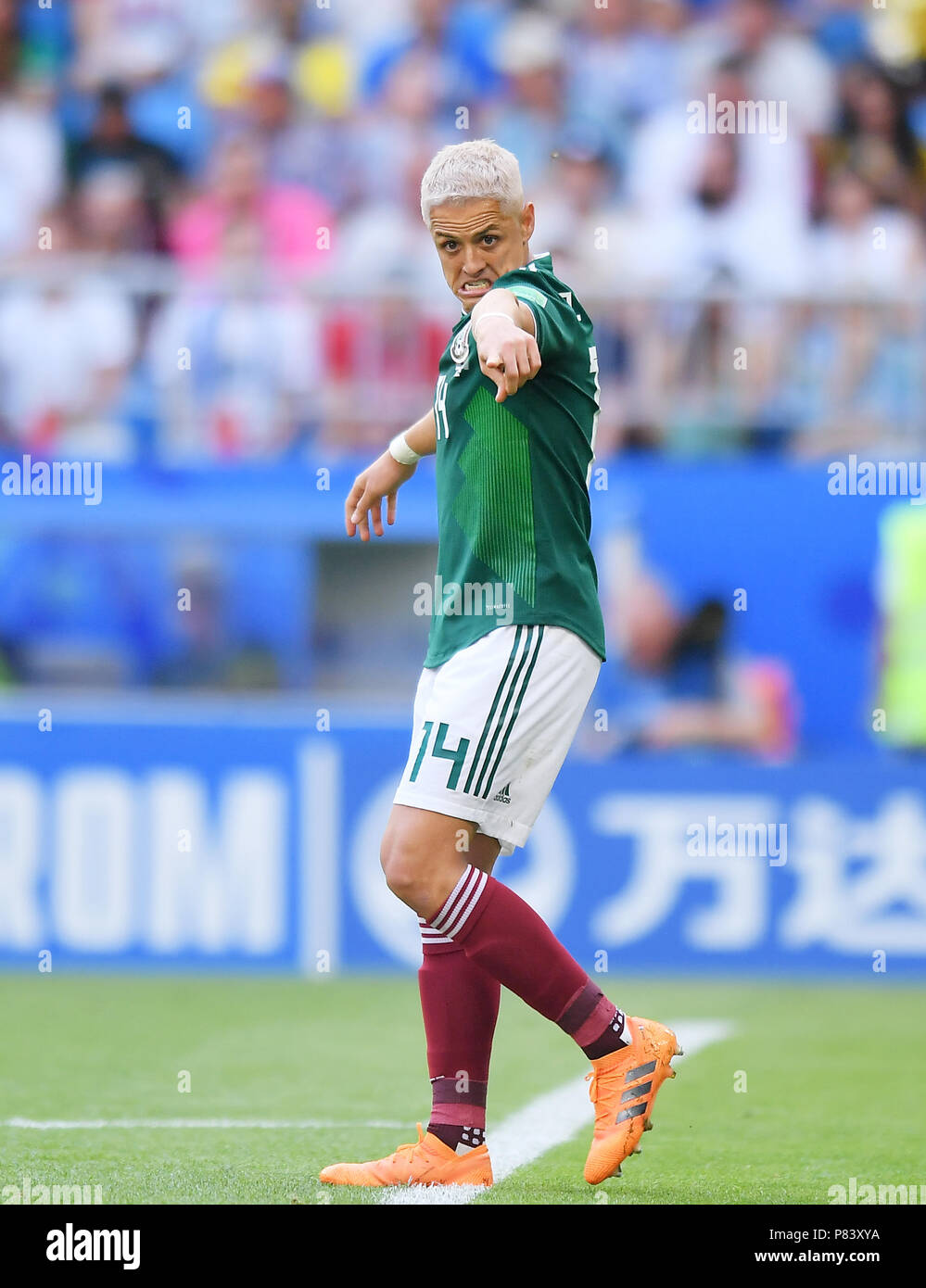 SAMARA, RUSSIA - JULY 02: Javier Hernandez of Mexico reacts during the 2018 FIFA World Cup Russia Round of 16 match between Brazil and Mexico at Samara Arena on July 2, 2018 in Samara, Russia. (Photo by Lukasz Laskowski/PressFocus/MB Media) Stock Photo