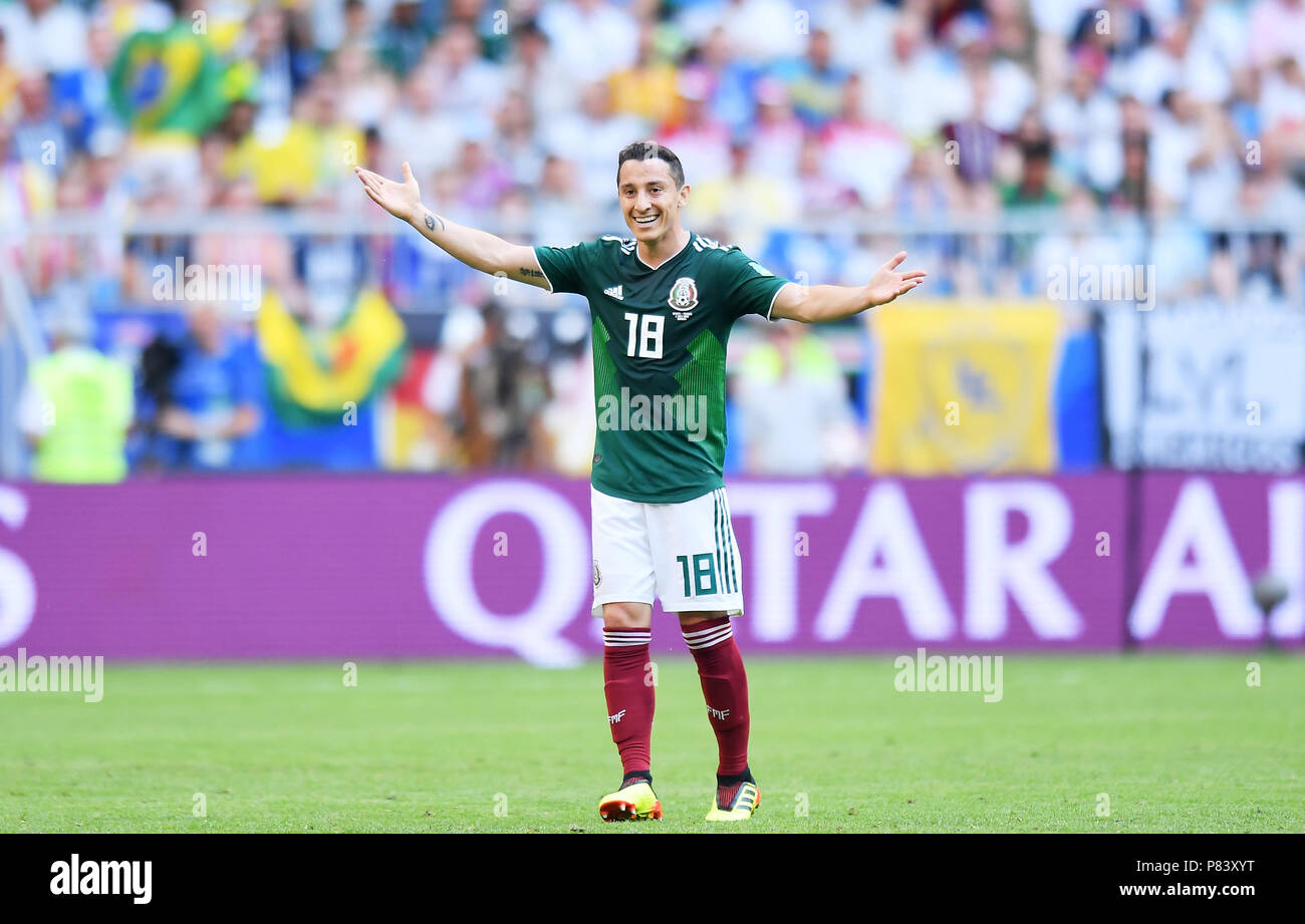 SAMARA, RUSSIA - JULY 02: Andres Guardado of Mexico reacts during the 2018 FIFA World Cup Russia Round of 16 match between Brazil and Mexico at Samara Arena on July 2, 2018 in Samara, Russia. (Photo by Lukasz Laskowski/PressFocus/MB Media) Stock Photo