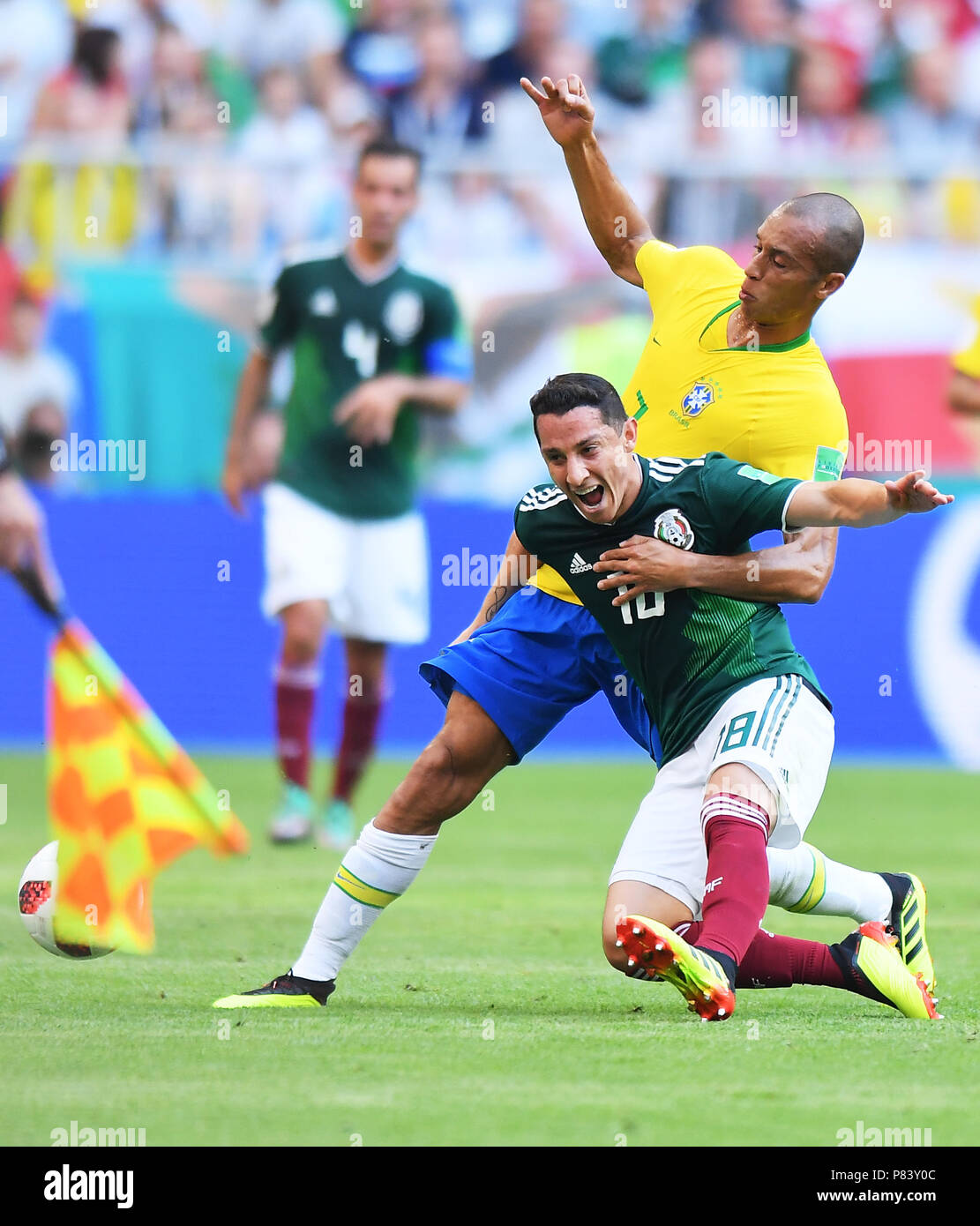 SAMARA, RUSSIA - JULY 02: Miranda of Brazil competes with Andres Guardado of Mexico during the 2018 FIFA World Cup Russia Round of 16 match between Brazil and Mexico at Samara Arena on July 2, 2018 in Samara, Russia. (Photo by Lukasz Laskowski/PressFocus/MB Media) Stock Photo